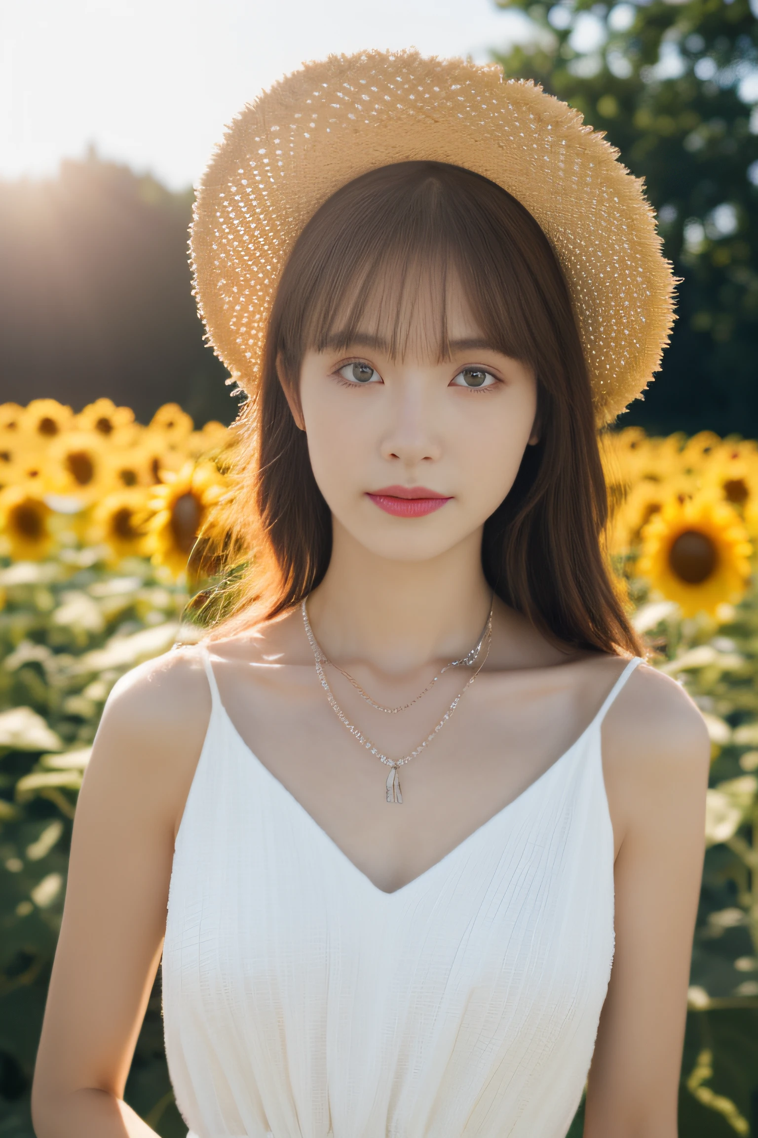 (8K, RAW photogr, Photorealistic:1.25),1girll,a lot of sunflowers,blue-sky,baiyun,Pose,(white dresses:1.2),Rainbow color necklace,(of a real:1.4),conservative girl,full bodyesbian,bucket-hat,lens flare glow,textured skin