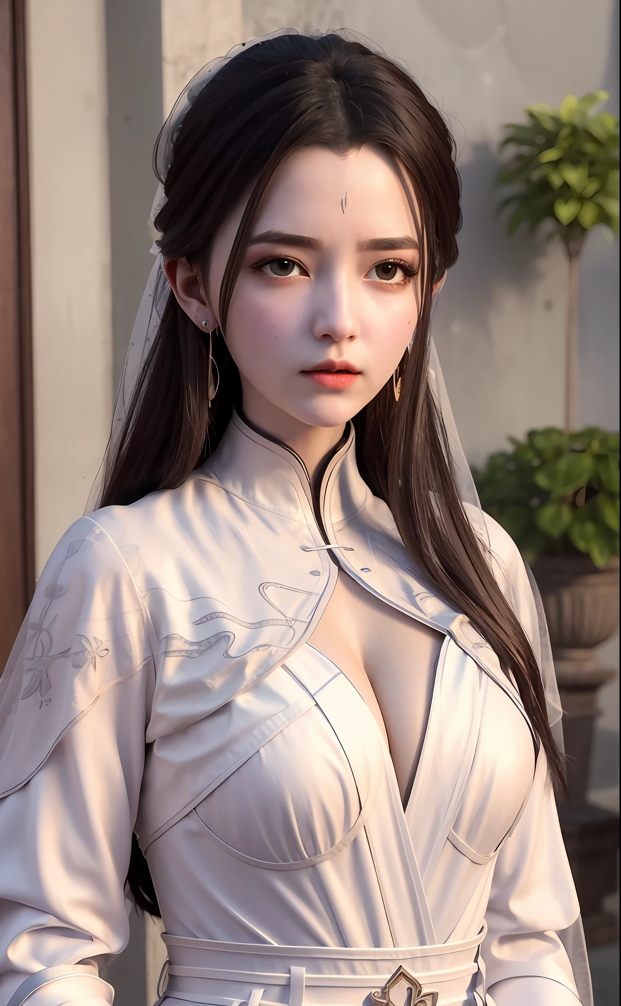 1 girl,best quality ,masterpiece, illustration, an extremely delicate and beautiful, extremely detailed ,CG ,unity ,8k wallpaper, Amazing, finely detail, masterpiece,best quality,official art,extremely detailed CG unity 8k wallpaper,absurdres, incredibly absurdres, huge filesize , ultra-detailed, highres, extremely detailed,beautiful detailed girl, extremely detailed eyes and face, beautiful detailed eyes,light on face, circlet, cleavage, real face, standing, natural face, clothes with texture, earrings, eyelashes, hair_ornament, jewelry, soft lighting,cinematic lighting ,Baotou head,Veil,Both eyes are the same,Red pupil