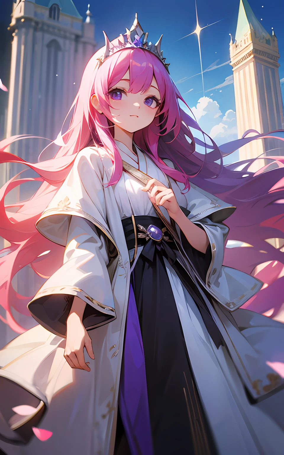 top-quality、hight resolution、detaileds、Long pink hair、Purple eyes、Old Western Castle、Silver tiara、robe blanche、Shining sunshine、Moving the whole body、