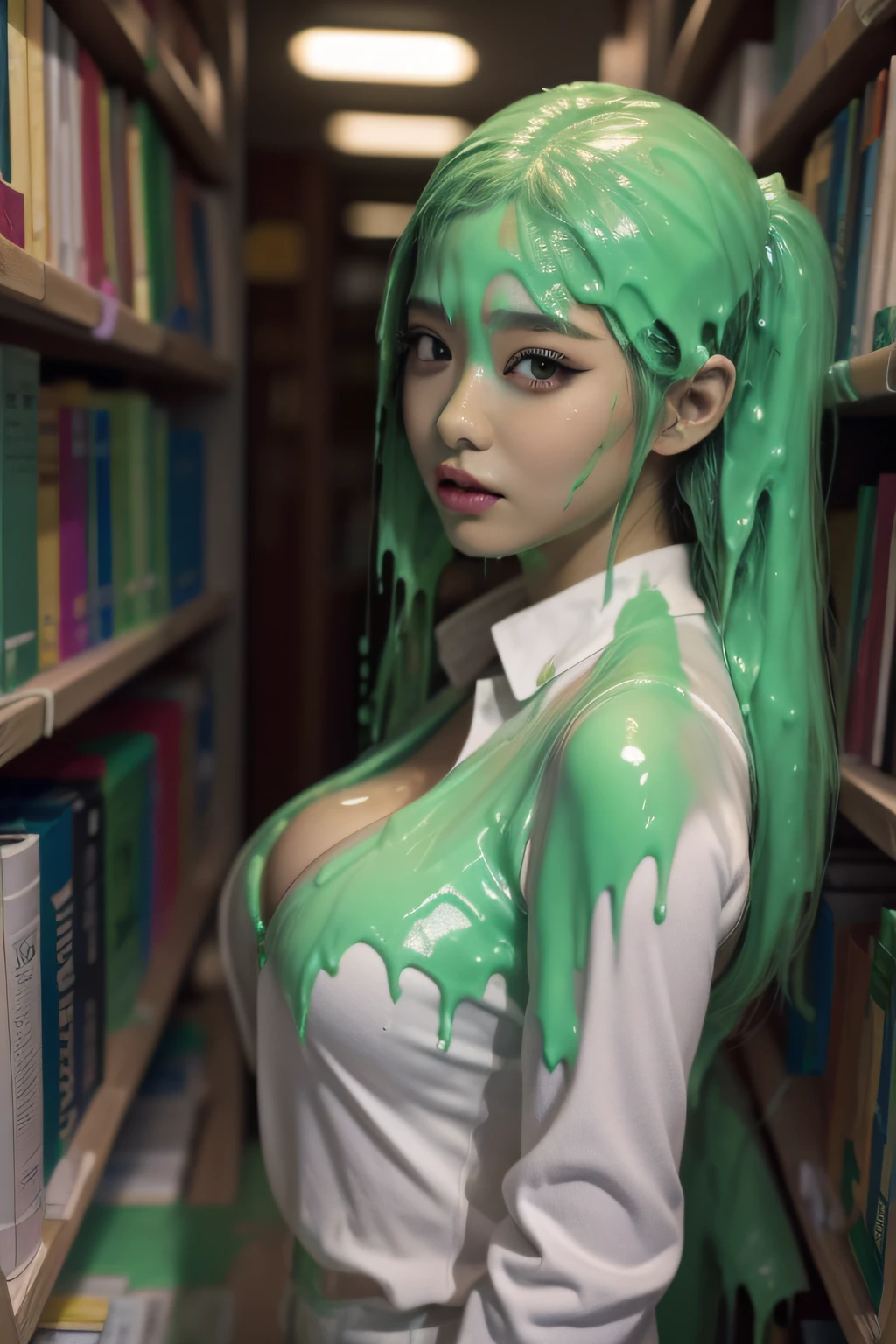 8k, HD, masterpiece, hyper realistic, photo realism, hyper detailed, extreme texture, (21-year Korean women: 1.2), boarding school uniform, cleavage, inside library, thick eyeliner, long eyelashes, double eyelids, pigtails,  sexy, alluring, sultry, (thick slime dripping down head: 1.8), (thick slime dripping down body: 1.7), (thick slime dripping down hair: 1.6)