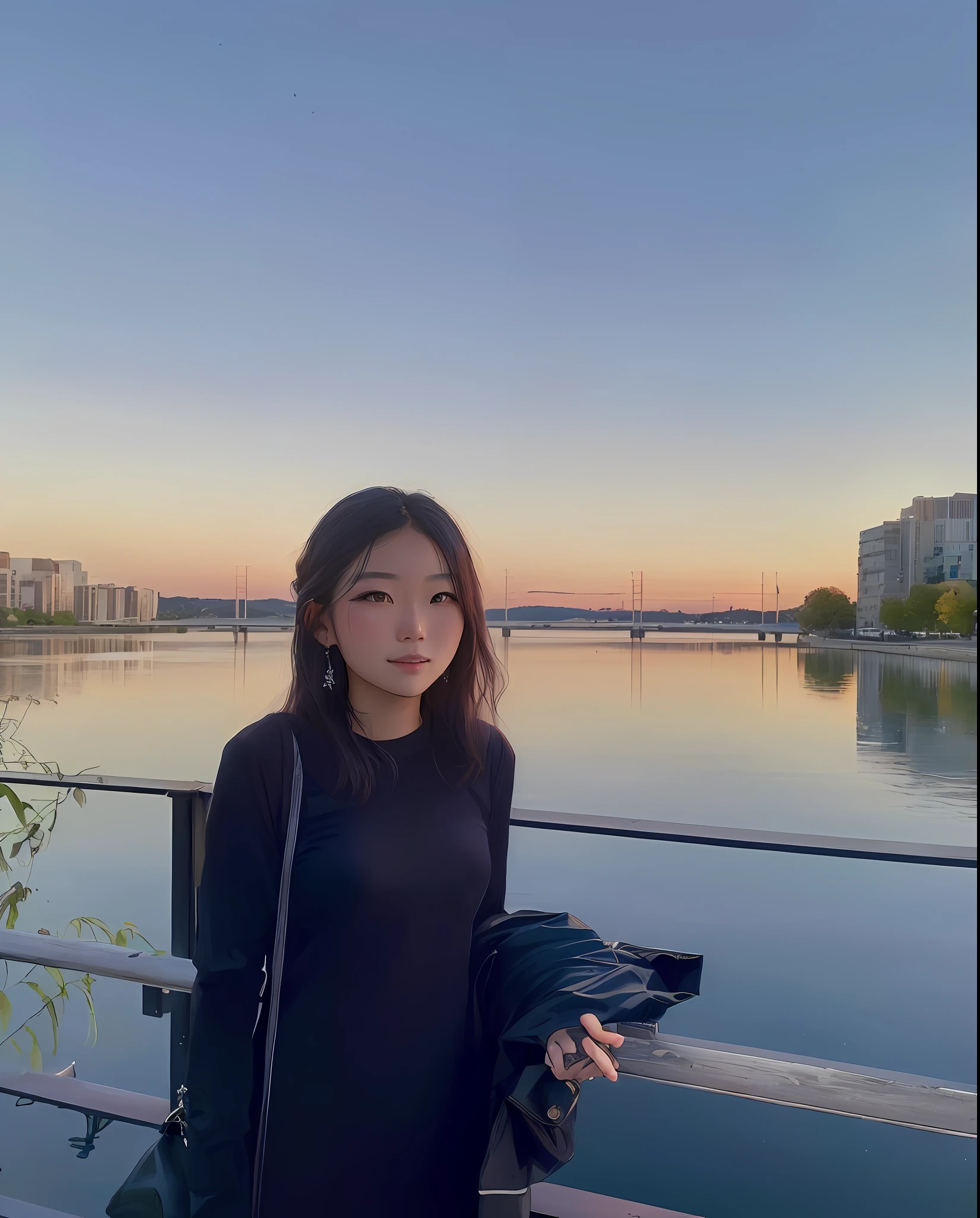 arafed woman standing on a bridge near a body of water, with sunset, lake in the background, gemma chen, at a beautiful sunset, at sunset, at the sunset, standing next to water, louise zhang, at dusk at golden hour, at golden hour, during sunset, late summer evening, with a sunset, during a sunset, leslie zhang