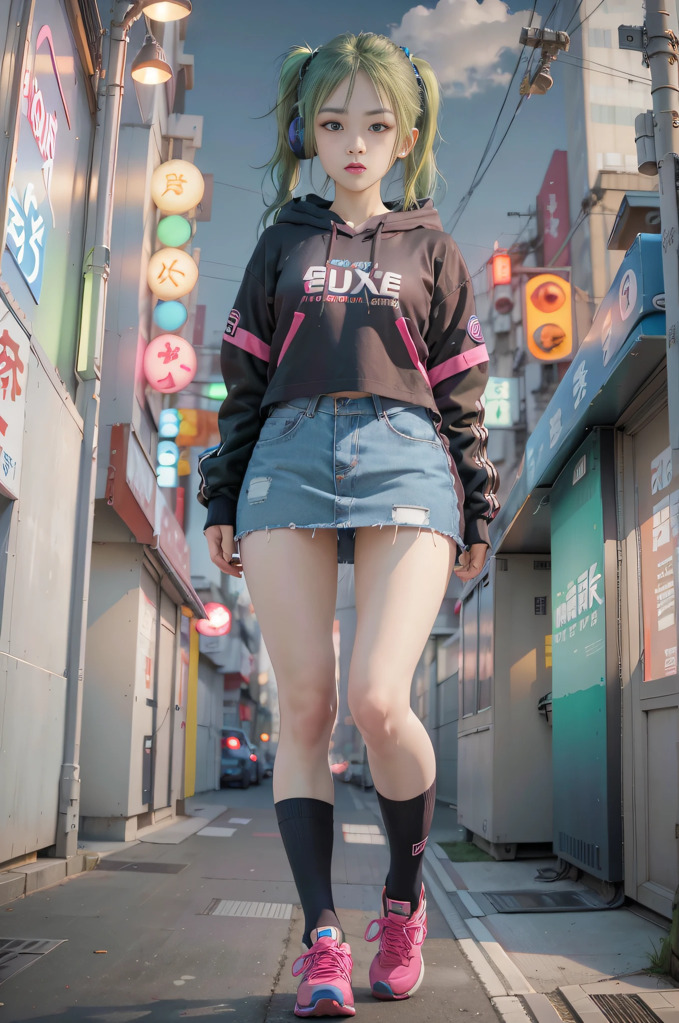 Extreme low angle, full body (8k, RAW photo, highest quality, masterpiece), High detail RAW color photo professional close-up photo, (realism, photo realism:1.4), (highest quality), (best shadow), (best illustration),surreal face, blue eyes, girl long neon green hair, wearing short hoodie head set, long Tartan plaid Skirt, tight high socks,  hiding a hoverboard, tokyo night, neon, neon pink, neon blue, neon lime green,