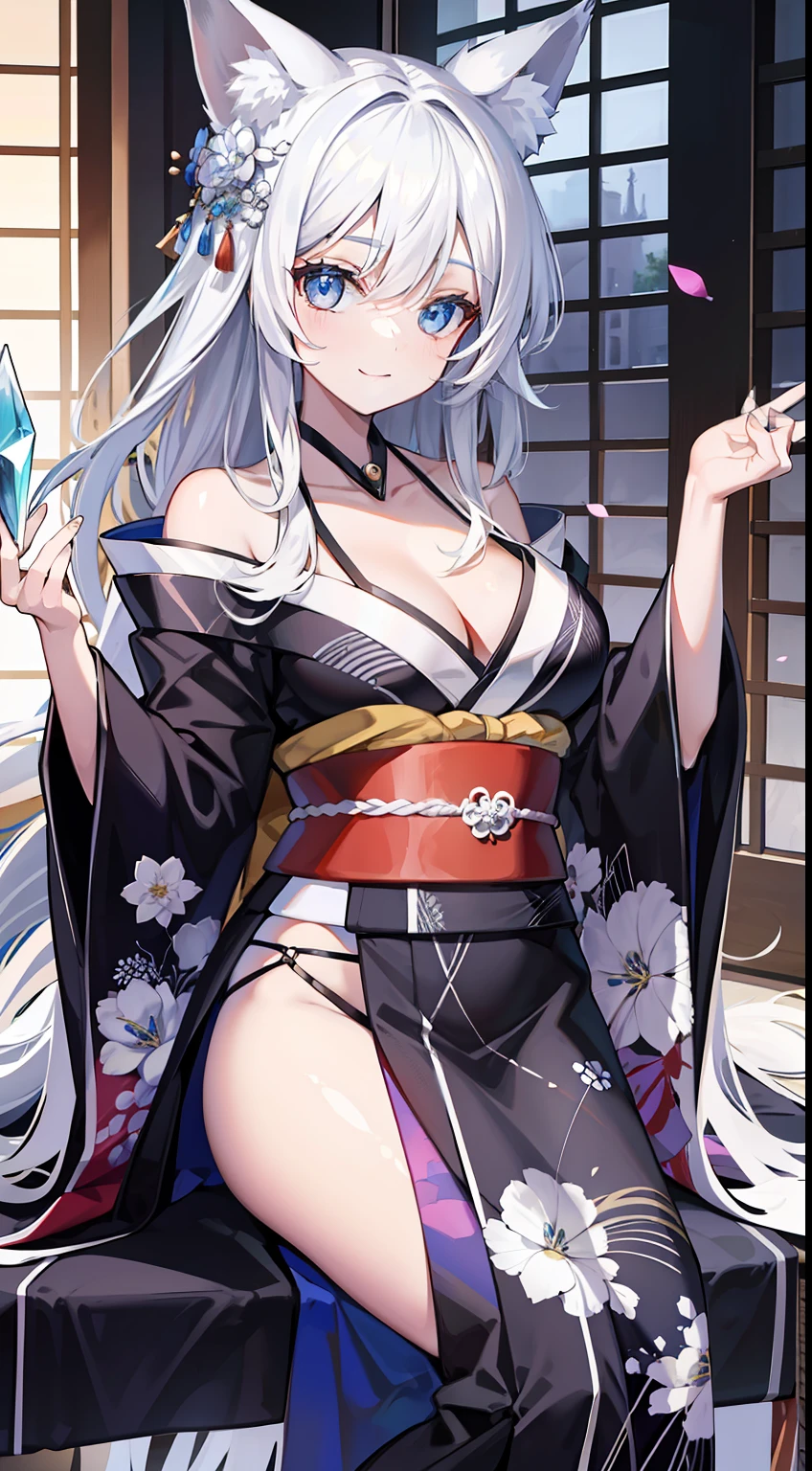 grown woman，cabelos preto e longos，eBlue eyes，White fox ears，Open the kimono，，ssmile，tmasterpiece，high high quality，crystal