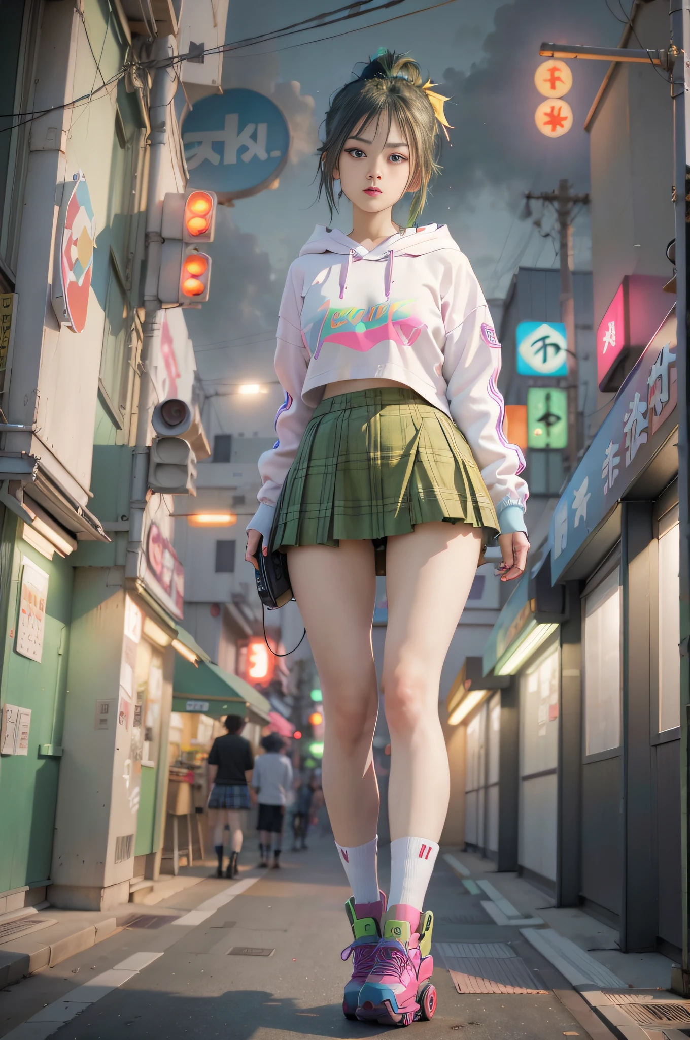 Extreme low angle, full body (8k, RAW photo, highest quality, masterpiece), High detail RAW color photo professional close-up photo, (realism, photo realism:1.4), (highest quality), (best shadow), (best illustration),surreal face, blue eyes, girl long neon green hair, wearing short hoodie head set, long Tartan plaid Skirt, tight high socks, hiding a hoverboard, tokyo night, neon, neon pink, neon blue, neon lime green,