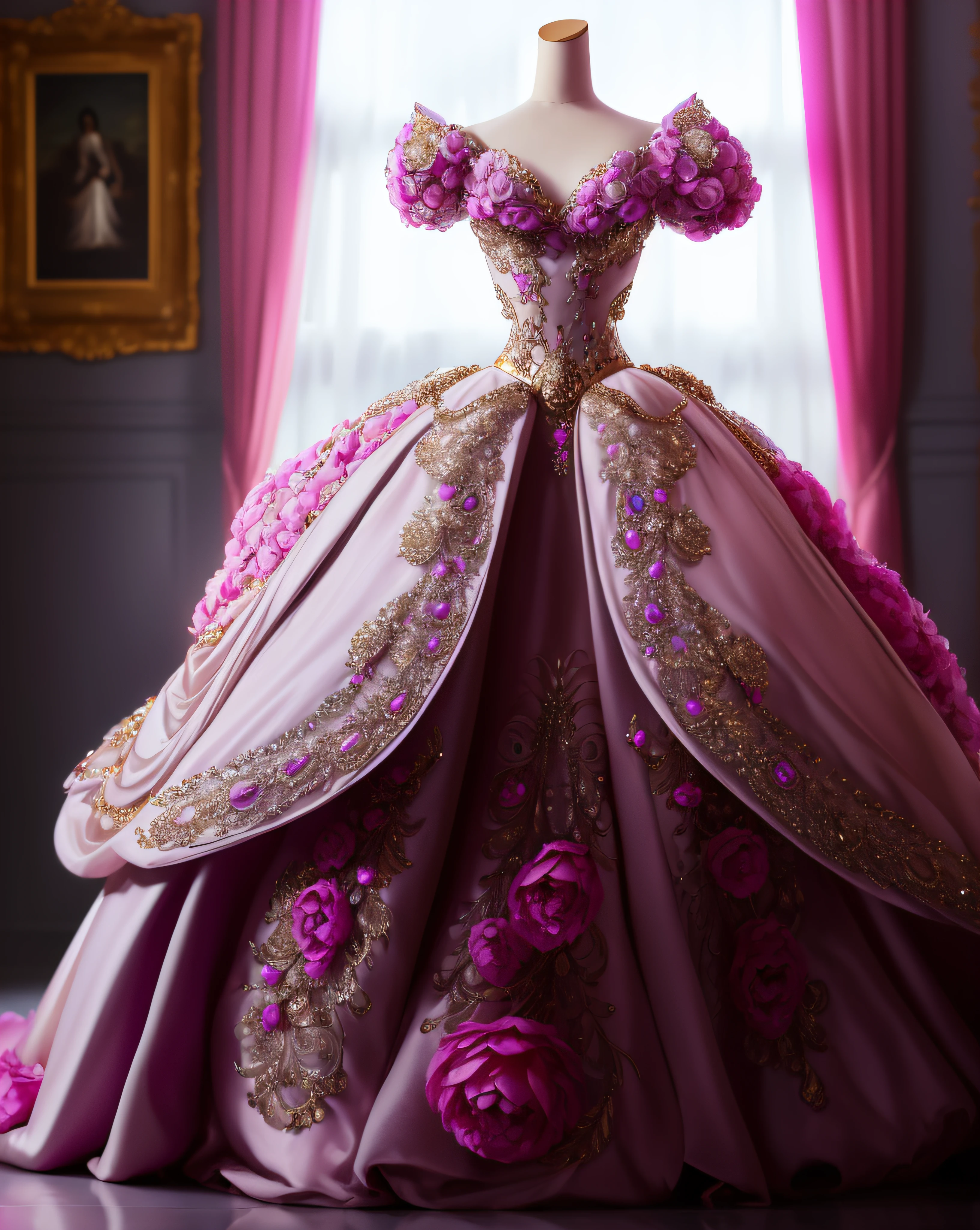 a hyper realistic photograph of a girl standing wearing a majestic light beige and gold ball gown dress, big beautiful dress, intricate puffy ball gown with lots of ruffles and rhinestones (Best quality, masterpiece, ArtStation, Fantasy Art:1.2), a palace room, a beautiful cute girl, (long white hair:1.1), (intricate short gold skirt, bare legs:1.2, full body shot)