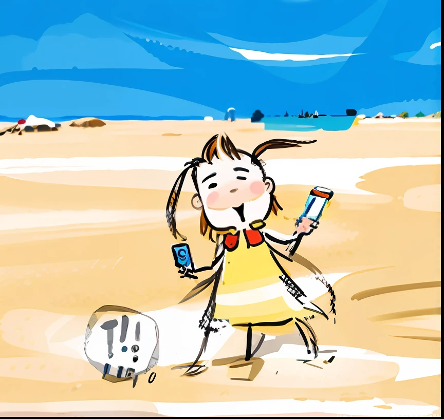 Cartoon drawing of a girl on the beach with a mobile phone, on the beach, Girl on the beach, in the beach, drawn in microsoft paint, On a sunny beach, On a beach, in beach, on the beach, Loli, Have by the sea, Have by the sea, drawn with photoshop, based on child's drawing, sunny day at beach