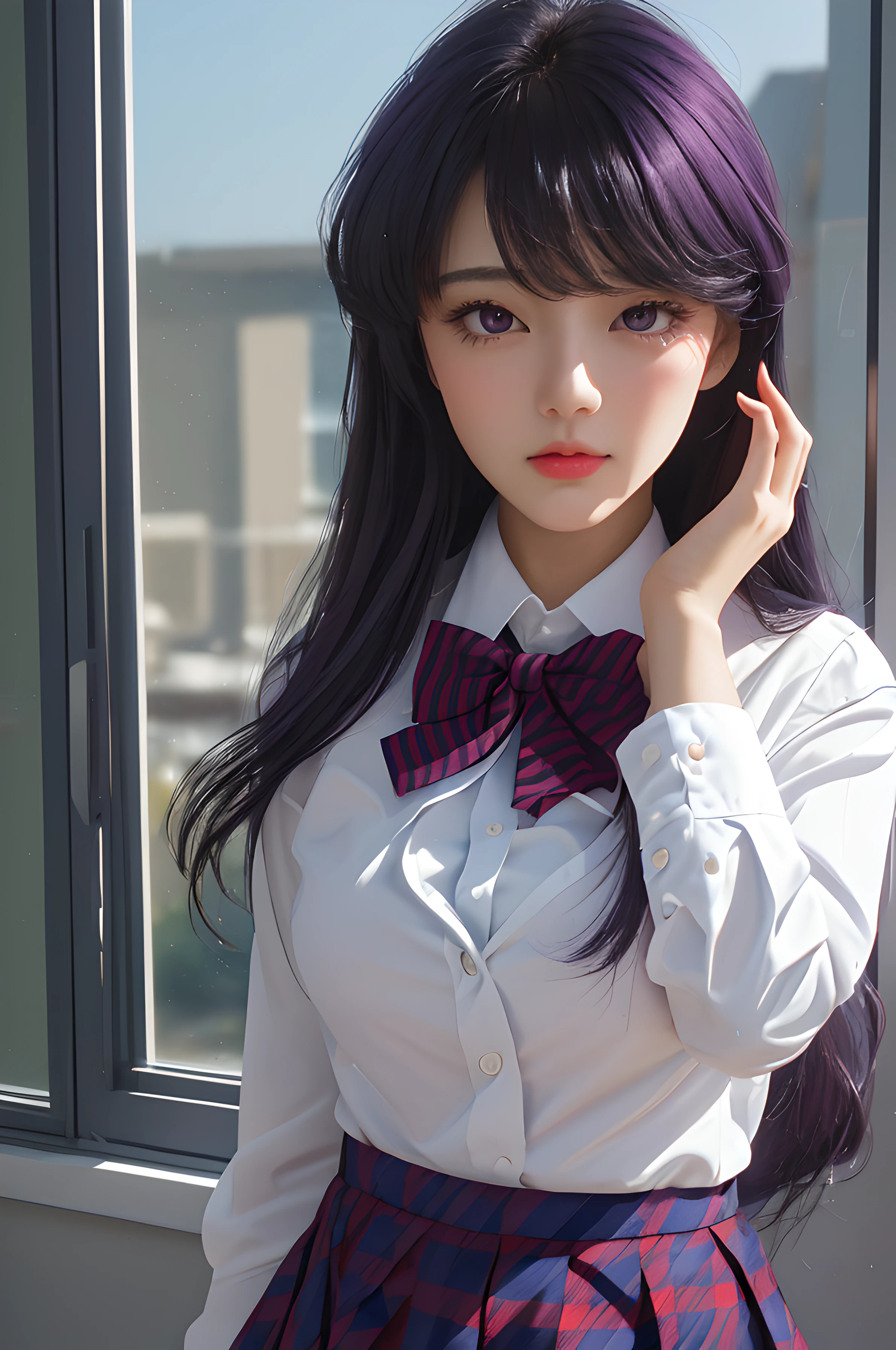 4k, raw camera, highres, masterpiece, portrait, aesthetic, beautiful, best quality, highly detaile, best quality clothing, aesthetic clothings, professional angle, rule of thirds, Feminine, delicate, beautiful, 19 years, attractive, solo, 1 girl, ((Komi Shouko)), komi-san wa komyushou desu , (In the Classroom), (Upper body), ((From Front, From Down)), (students in the background), ((Very shy)), (Long Hair, purple Hair, Very Straight Hair, - Hair, - in hair), (Open Eyes, black Eyes, Black Eyelinerin Eyes, expressionlesz gaze), Soft skin, (Blushed), ((Standing, Leaning forward)), - , - , - , (closed mouth,), (Natural Lips), (Average Bust), ((hands in heart)), (School White Shirt) , (blue blazer) - , - Shirt, Skirt red and blue Plaid, black pantyhouse, Red bowtie, stripped bow, Clothing), (V Neckline), beautiful body, beautiful eyes, shiny eyes, shiny hair, beautiful mouth, beautiful lips, beautiful face