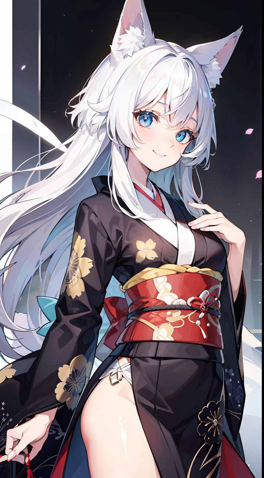 grown woman，cabelos preto e longos，eBlue eyes，White fox ears，Open the kimono，，ssmile，tmasterpiece，high high quality，crystal