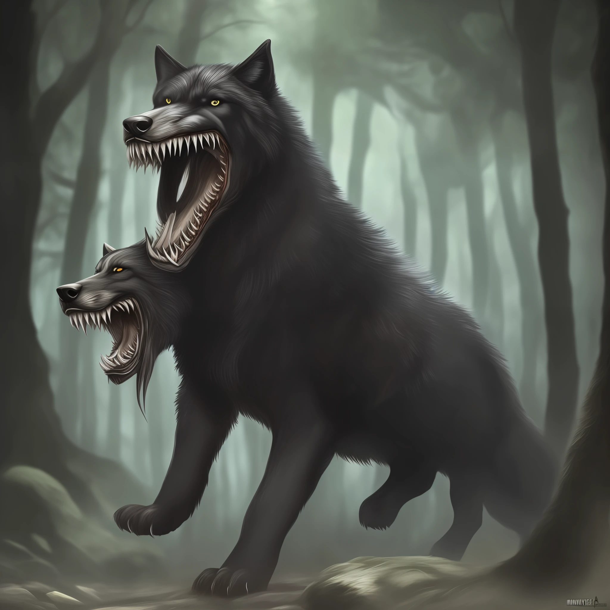 High quality, masterpiece, black wolf with sharp and scary teeth, ((giant)), monster, fantasy creature | Monster, ManyTeethHorrorAI Body,