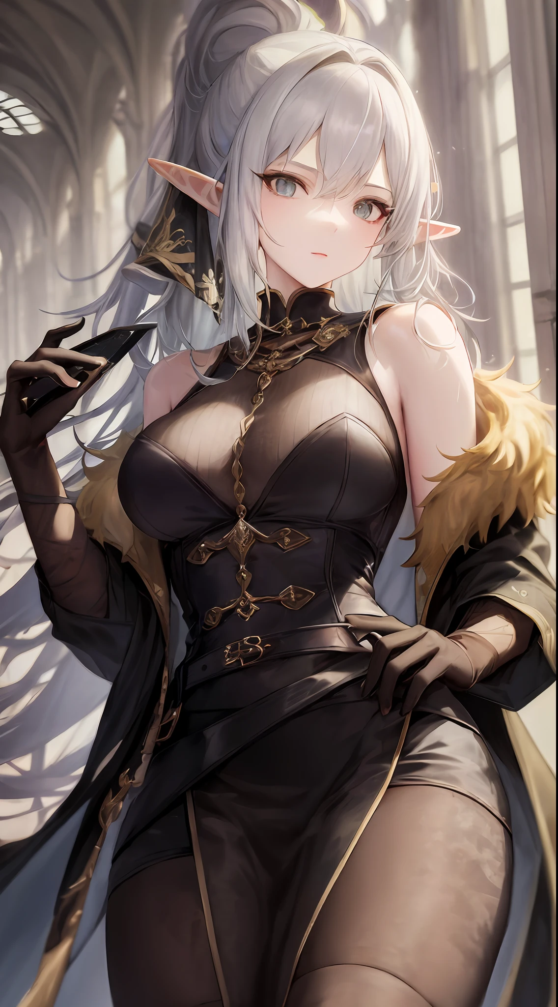 1 Elf Queen,pencil skirts,Mature lady, fur,Elf long ears, Extremely detailed,Silver hair, Colored hair,Comb your hair in a bun,view the viewer(Masterpiece, Best quality:1.2)