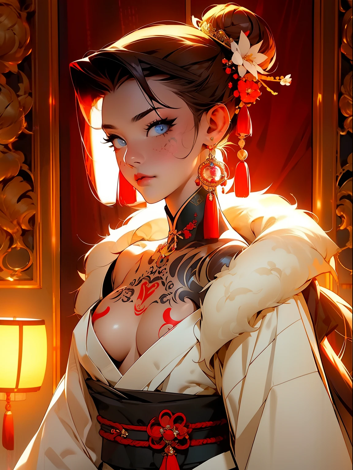 (masterpiece best quality:1.4),1girll, (Chinese text tattoo:1.5), 独奏, hair flower, long whitr hair, eBlue eyes, looking at viewert, mediuml breasts, Tattooed with, brunette color hair, nipple tassels, exposed bare shoulders, By bangs, 耳Nipple Ring, inside in room, nape, cropped shoulders, jewely, eyeslashes, cparted lips, contours, hair-bun, nipple piercing, single hair bun,Japanese-style family environment