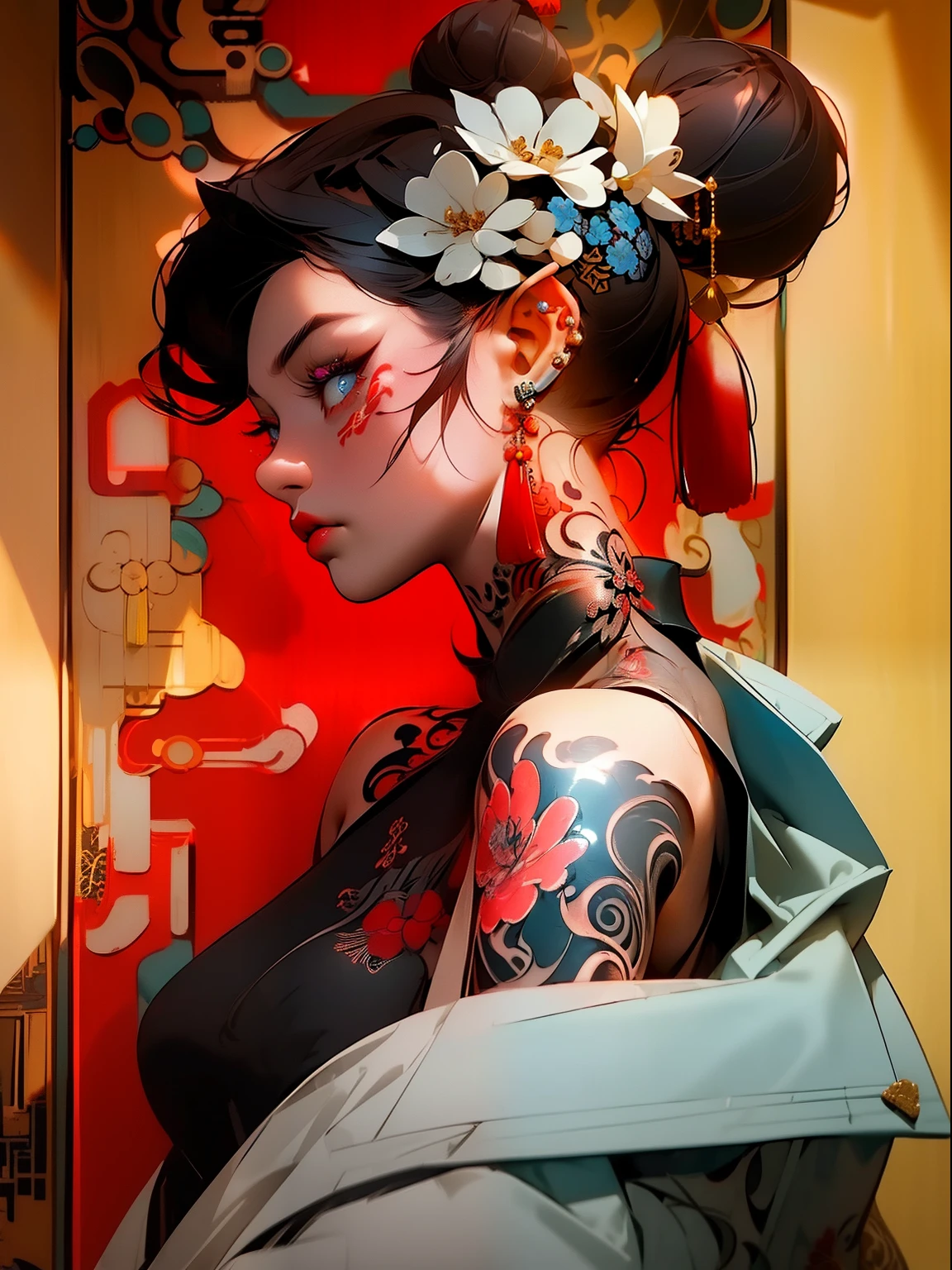 (masterpiece best quality:1.4),1girl, (tattoo of chinese text:1.5), solo, hair flowers, long hair, blue eyes, looking at viewer, medium breast, tattoo, black hair, tassel, bare shoulders, mecha, bangs, upper body, earrings, indoors, nape, off shoulder, jewelry, eyelashes, lips, profile, hair bun, piercing, single hair bun,