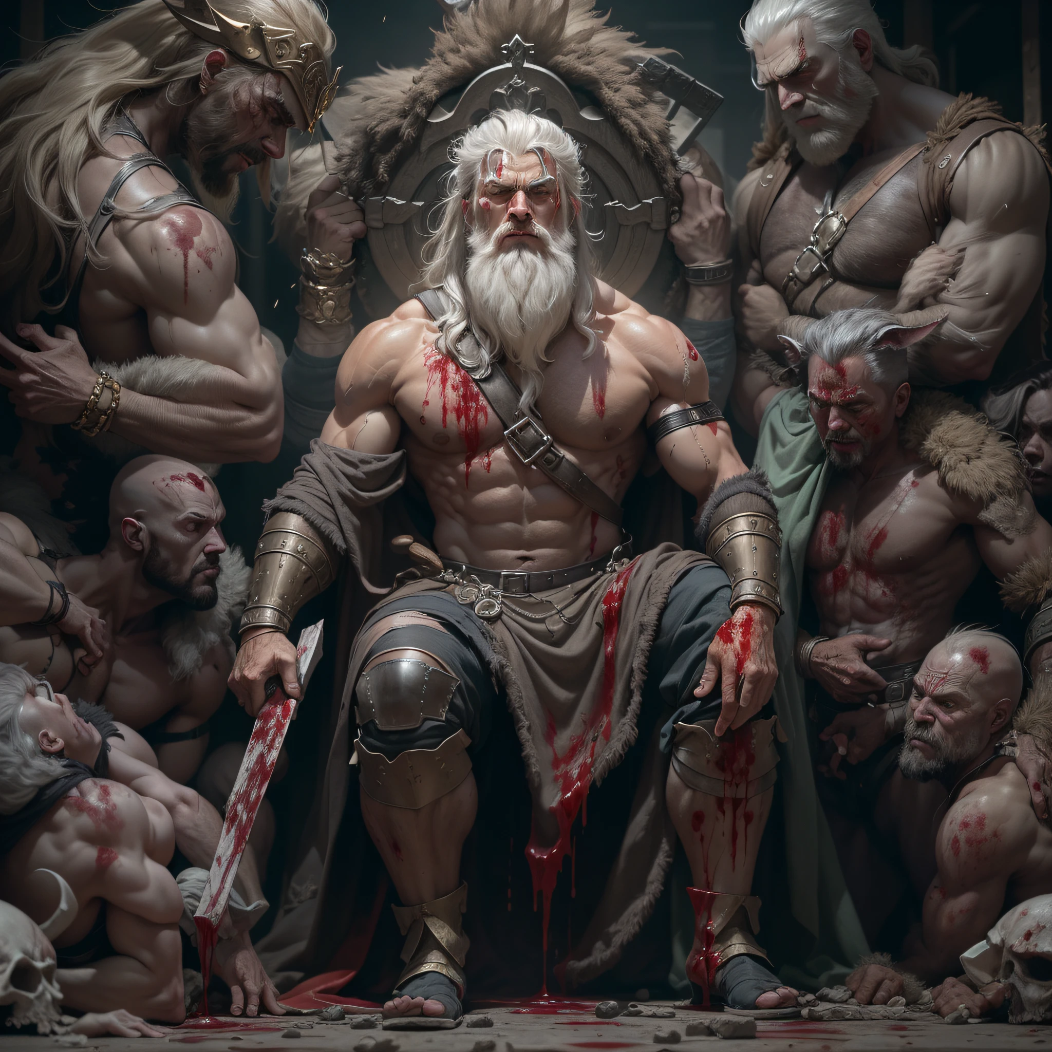 (Highly detailed: 1.2), (Best quality Canon Eos R6: 1.2), (8k: 1.0), (Dynamic Stance: 1.2), masterpiece, best quality, god Odin Norse mythology, mythological wearing, age 75, very muscular, huge, gray hair, bald, scarred, warrior, barbarian, mythological dystopia, (lots of blood: 1.0), mythological dystopia Corpses, heads human, arms and blood.