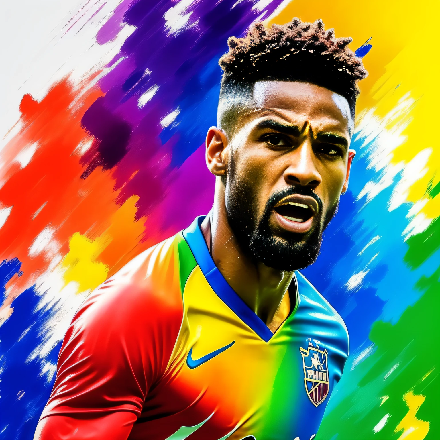 Jogador de futebol correndo com a bola. Estilo de pintura: "impressionismo", com cores vibrantes bem definidas em 8K. Paint so that the characters are easily recognizable and reveal the perfection of the characters' facial expressions.