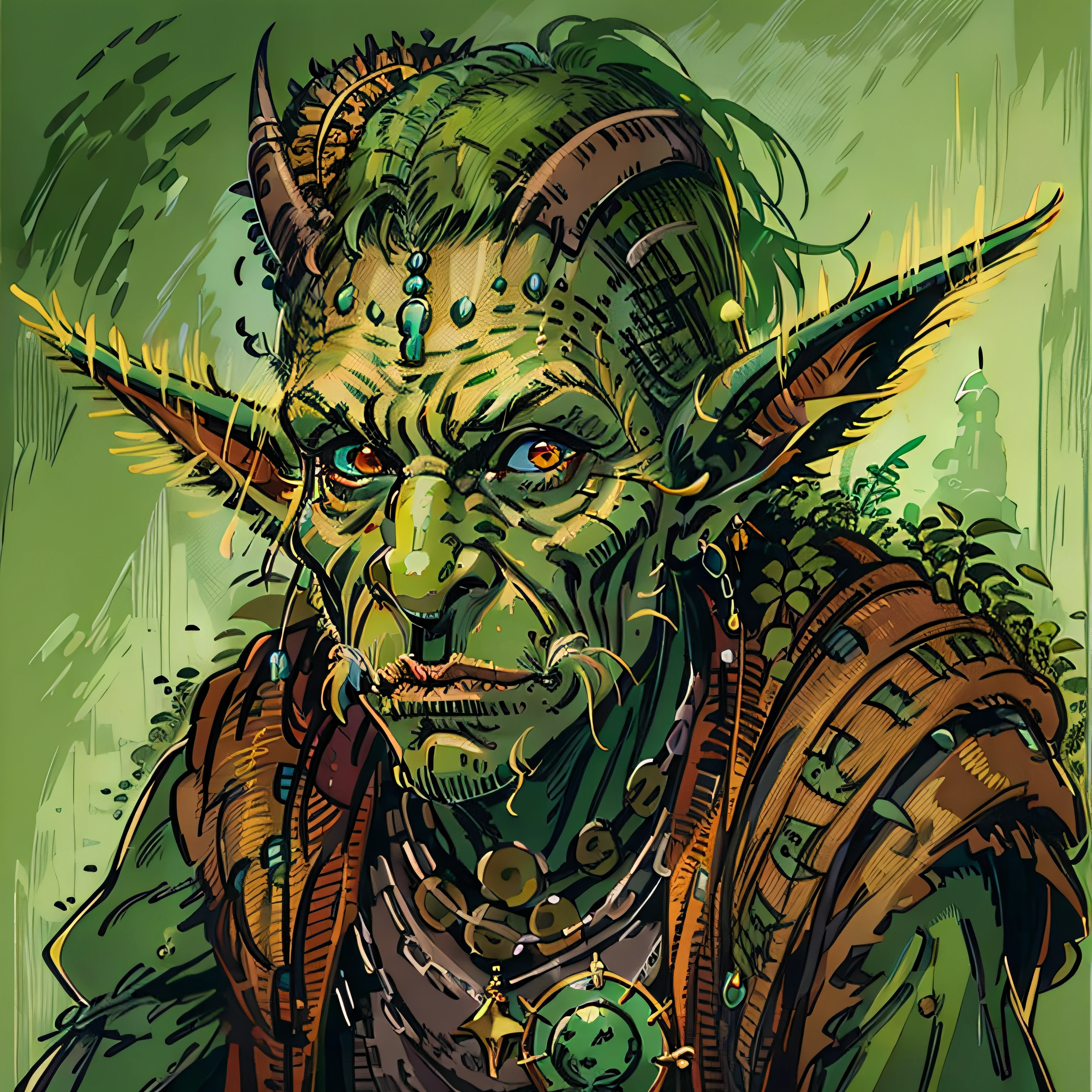 "Skinny goblin, shaman, magic, ugly, RPG character portrait, medieval fantasy, green skin."