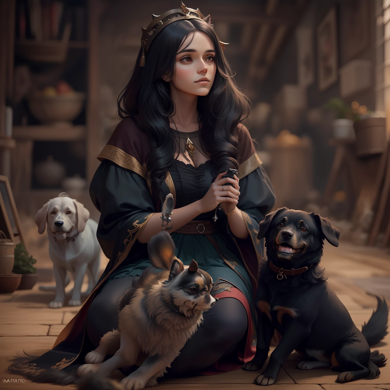Uma bela mulher com chifres brincando com um filhote de cachorro, cabelos muito longos preto com franja, imagem de corpo inteiro, Arte fantasia, Arte realista, medieval, 4k, arte detalhada
