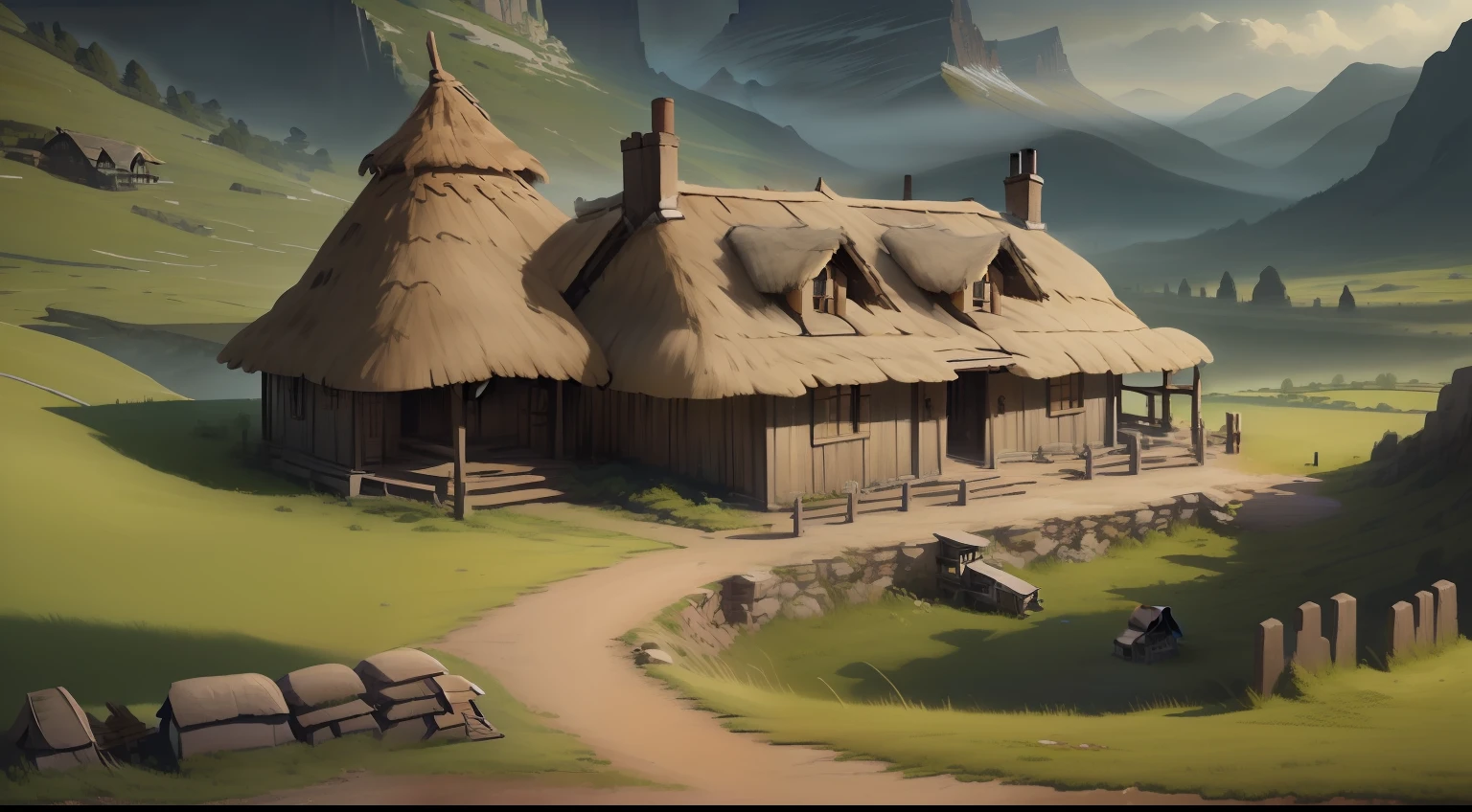 There is a small thatched hut in the mountains, fantasy matte painting, Detailed digital 2D fantasy art, anime countryside landscape, Illustration matte painting, very detailed digital painting, 4k highly detailed digital art, Digital 2D fantasy art, highly detailed scenario,A small road