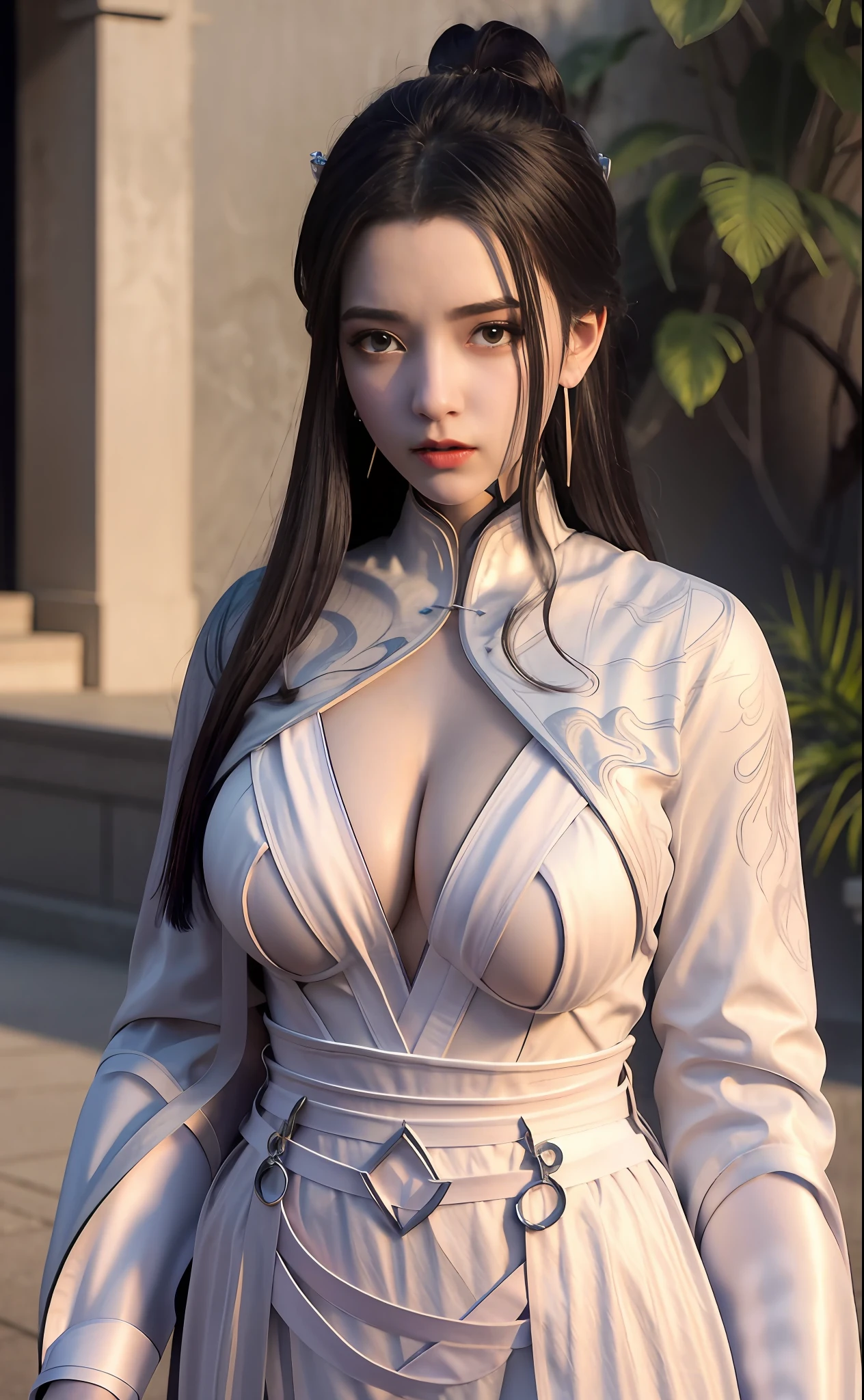 1 girl,best quality ,masterpiece, illustration, an extremely delicate and beautiful, extremely detailed ,CG ,unity ,8k wallpaper, Amazing, finely detail, masterpiece,best quality,official art,extremely detailed CG unity 8k wallpaper,absurdres, incredibly absurdres, huge filesize , ultra-detailed, highres, extremely detailed,beautiful detailed girl, extremely detailed eyes and face, beautiful detailed eyes,light on face, circlet, cleavage, real face, standing, natural face, clothes with texture, earrings, eyelashes, hair_ornament, jewelry, soft lighting,cinematic lighting ,Baotou head,Veil,Both eyes are the same,Red pupil, Big breasts, (Big breasts),