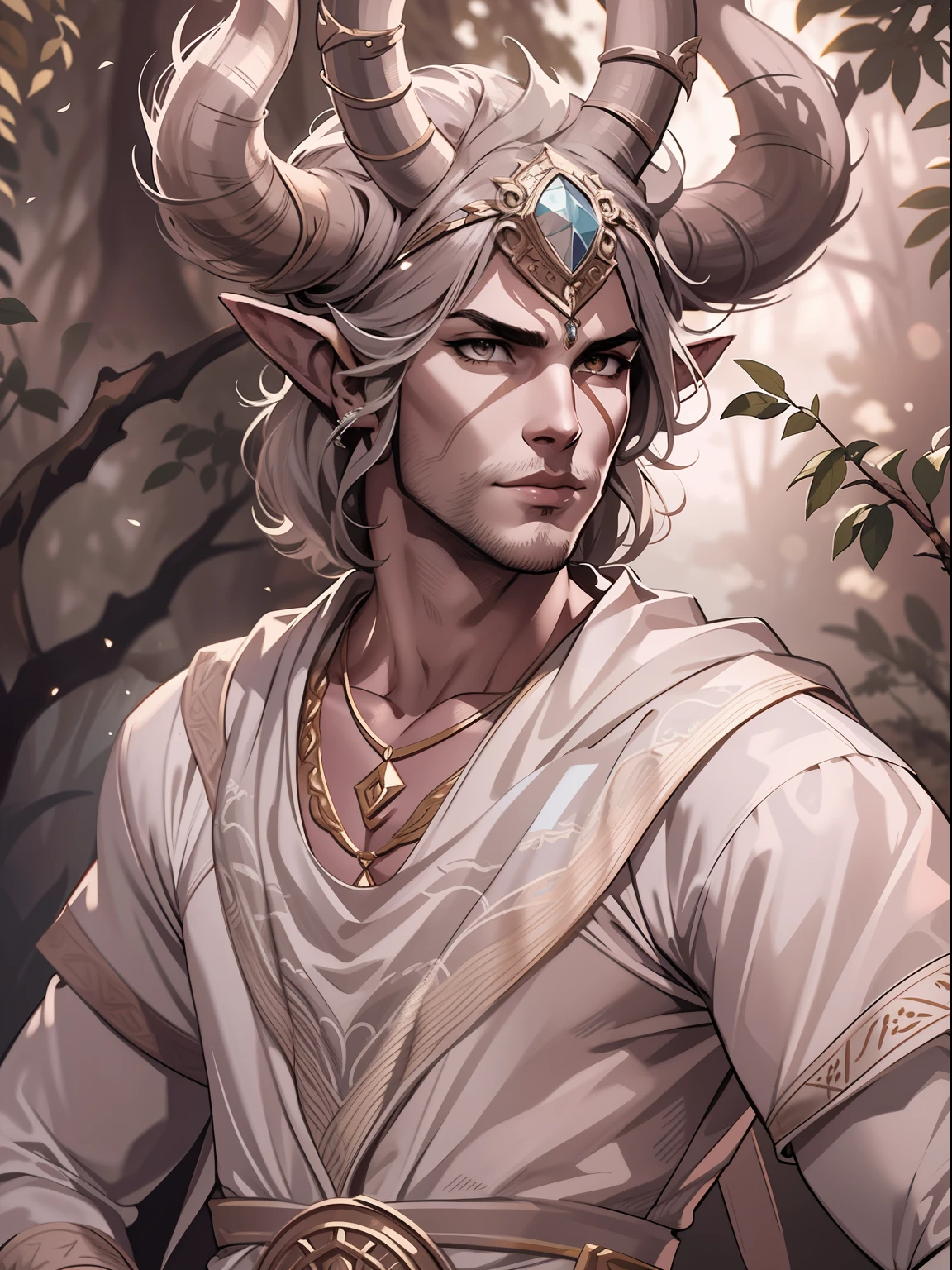 D&D drawing, a very handsome faun druid with white eyes and a tunic with an acacia tree pattern, expression loyal, close-up intensity, masterpiece, best quality, ultra-detailed, cinematic beautiful lighting, intricate details, looking at viewer, depth of field-ar 2:3-s 200