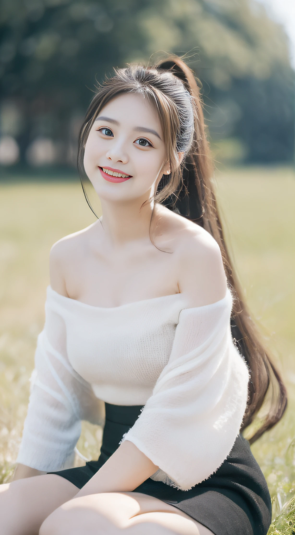 ((Best Quality, 8K, Masterpiece:1.3)), a beautiful girl, off-the-shoulder short sleeves, slit crop top skirt, high ponytail, black fluffy long straight hair, round black big eyes, clear big eyes, moist lips, sweet smile, sitting, pastoral background,