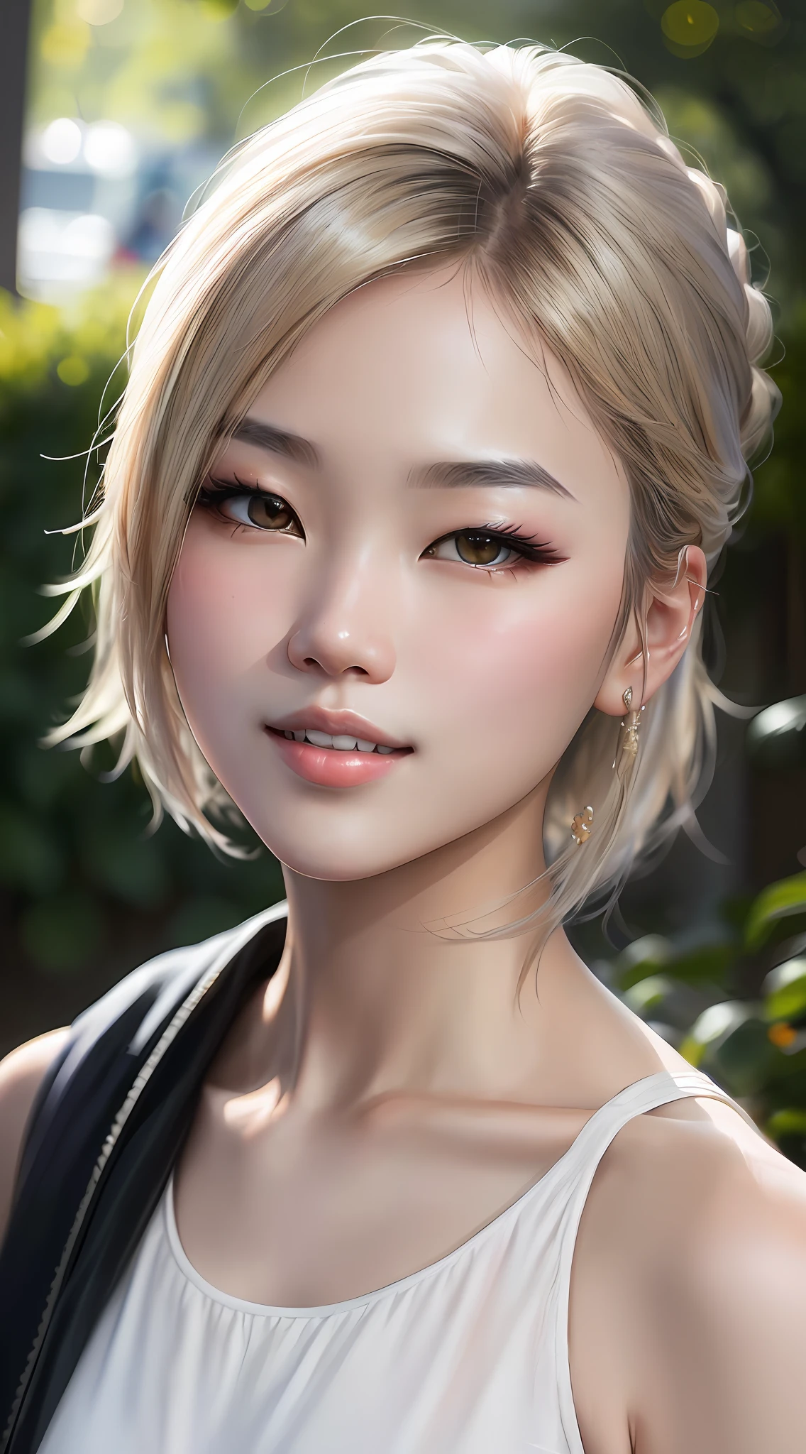 Allard asian woman with blonde hair and white vest, portrait of female korean idol, young lovely Korean faces, portrait of kpop idol, beautiful Korean women, Beautiful young Korean woman, Soft portrait shot 8 K, Gorgeous young Korean woman, Korean girl, portrait of jossi of blackpink, wan adorable korean face, 8K Artgerm bokeh