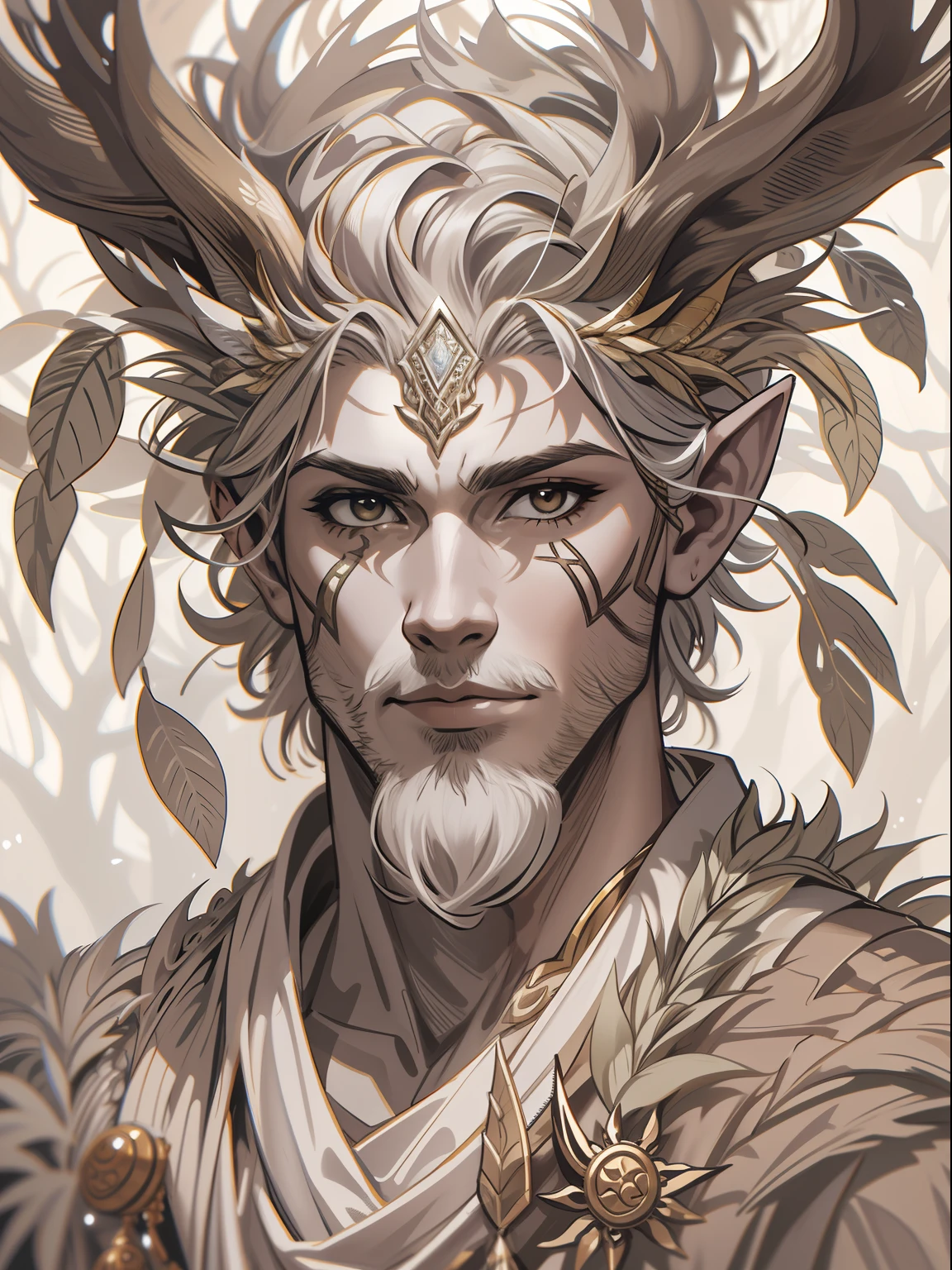 D&D drawing, a very handsome faun druid with white eyes and a tunic with an acacia tree pattern, expression loyal, close-up intensity, masterpiece, best quality, ultra-detailed, cinematic beautiful lighting, intricate details, looking at viewer, depth of field-ar 2:3-s 200