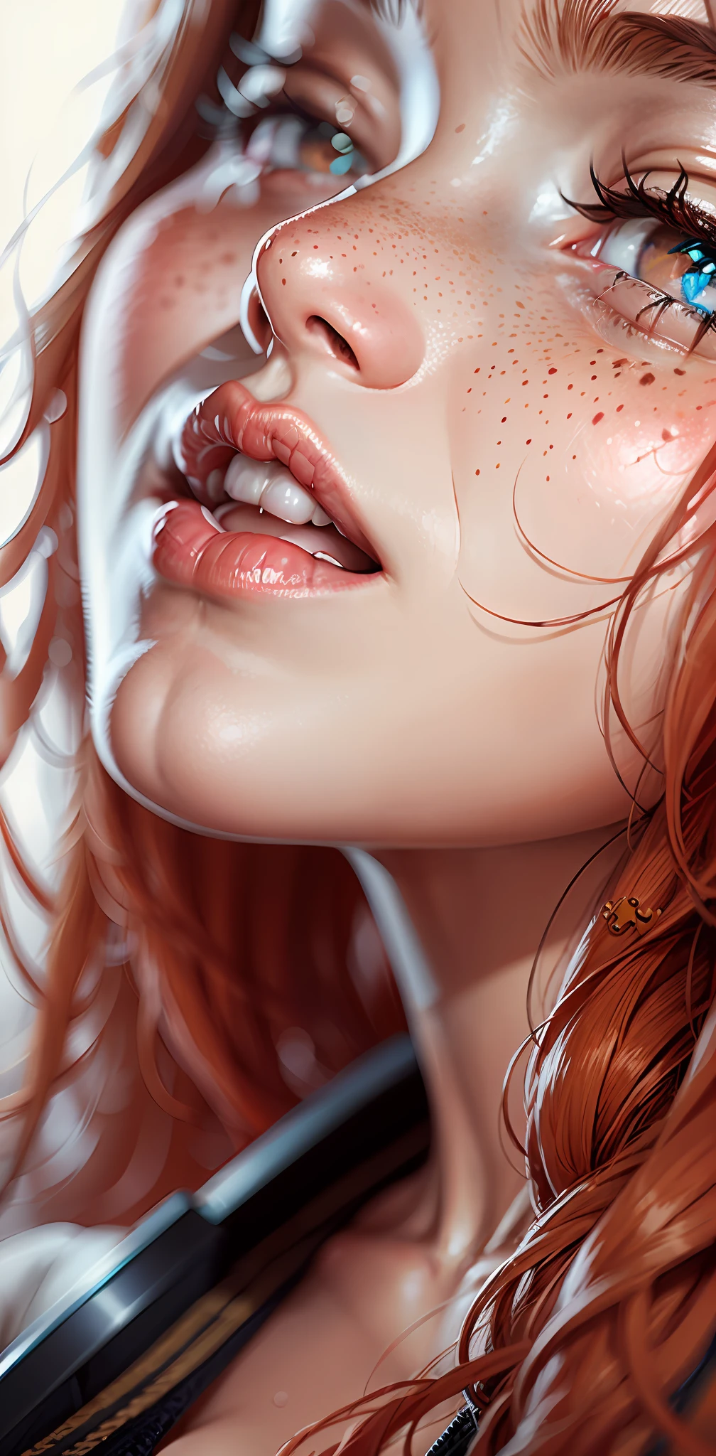Head up, Close mouth, round lips, kiss, close eyes, face focus, wet skin, redhead, red hair, freckles, long straight hair, European youth, perfect body, (detailed face:1.2), fashion photorealism, photography, sharpness, unique 850 4, koda850 k portrait camera, f1.6 lens, rich color, hyperrealistic texture, spectacular light texture, surreal art, Cinestil 800 fashion mechanism,