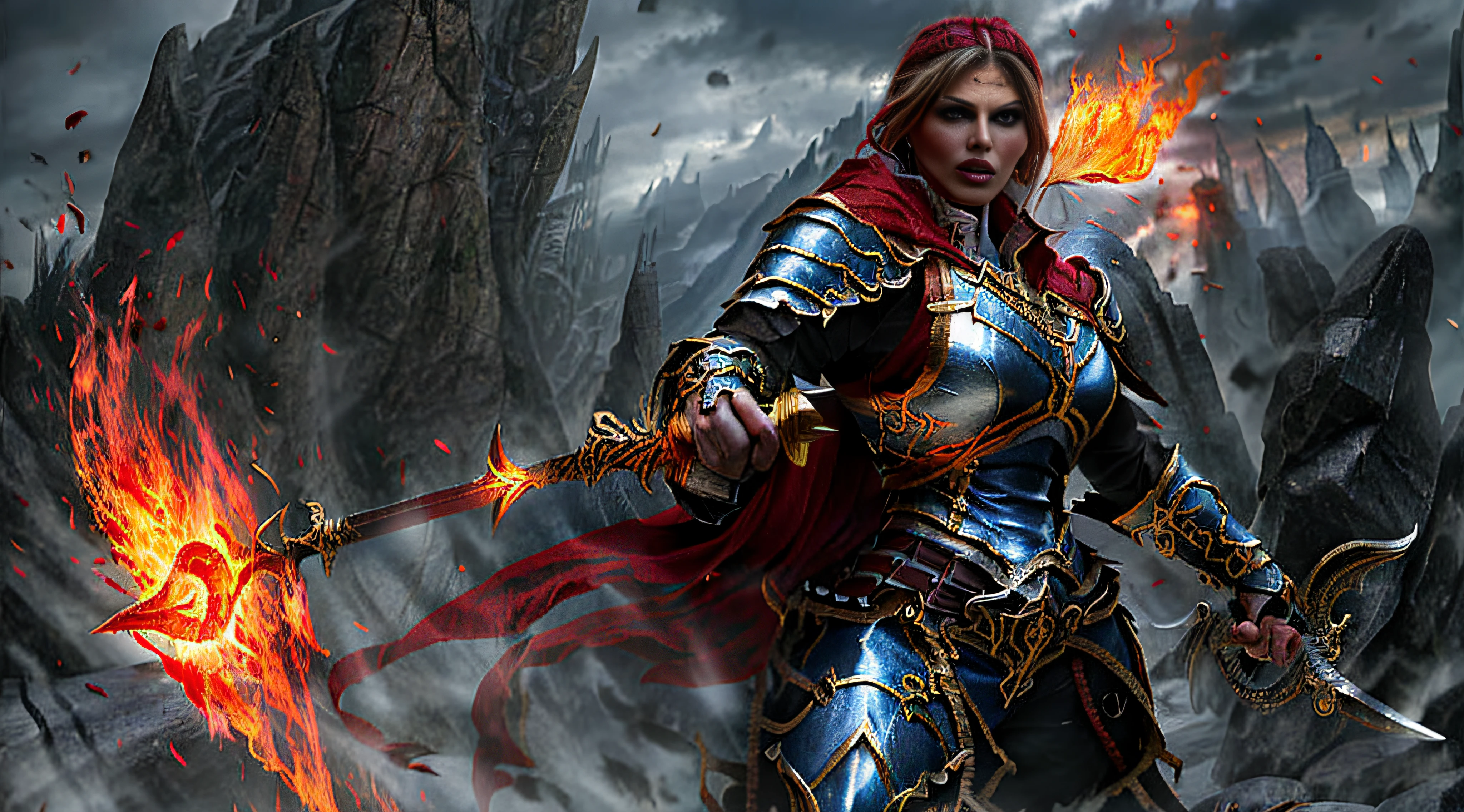 arafed woman in armor holding a sword and fire, beautiful female assassin, female assassin, epic fantasy digital art style, fantasy paladin woman, epic fantasy art style, epic fantasy style art, female vampire warrior, fantasy warrior, beautiful female warrior, female warrior, epic fantasy character art, epic fantasy style, female mage, fantasy character photo, a fantasy warrior