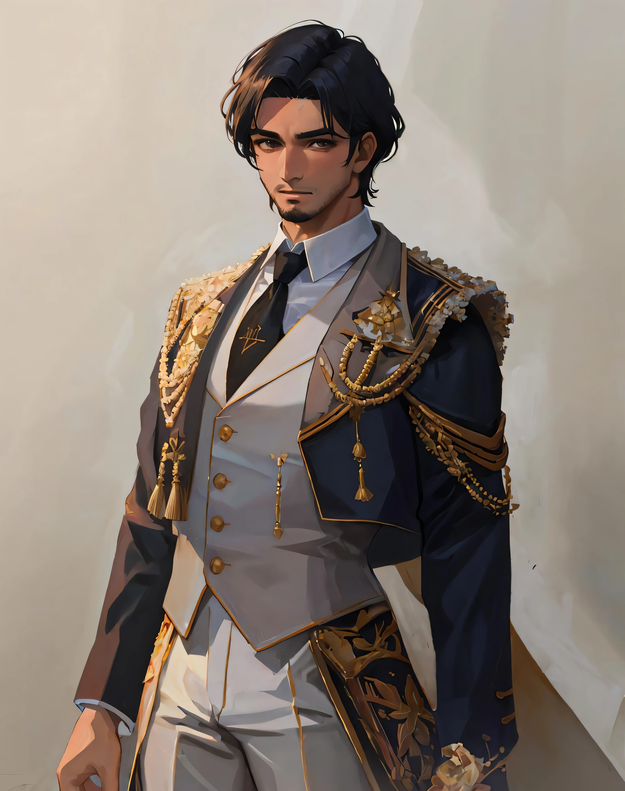 4K, Masterpiece, highres, absurdres,
solo, shirt, black hair, 1boy, standing, jacket, white shirt, male focus, necktie, pants, dark skin, facial hair, parody, dark-skinned male, realistic, wearing epMatador outfit