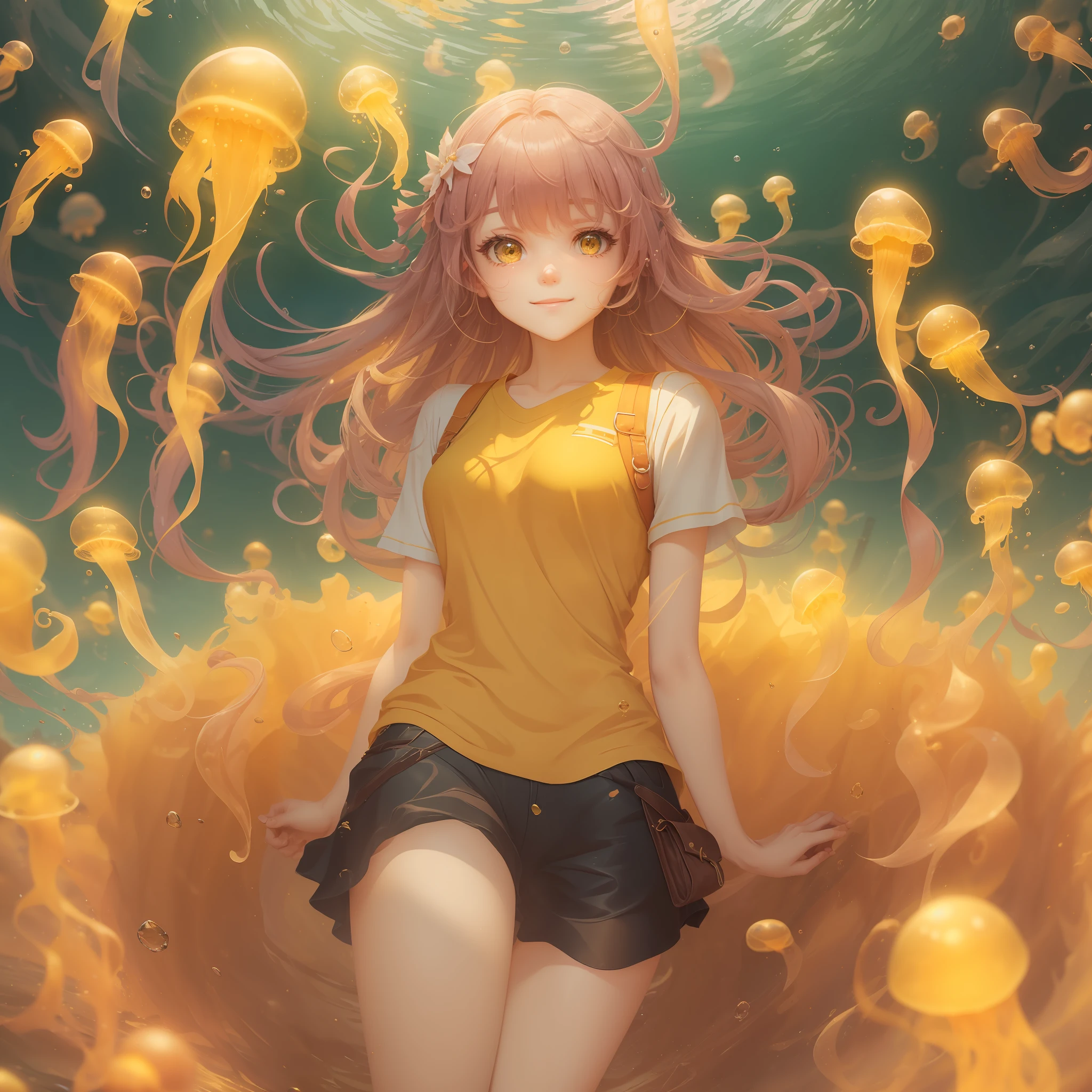 sandbox:1.4),in a panoramic view，Solo, full bodyesbian，beautiful teenage girl, Wear delicate brown tall boots，It's like being in a yellow ocean ball pool，Wearing a solid black T-shirt, Wearing a pair of yellow pants，ssmile，Long pale yellow hair，There are several yellow jellyfish around，Manhwa Style，Material de vidro，crystal material，extremely detaile, Cinematic lighting effects，4K，tmasterpiece，offcial art --auto