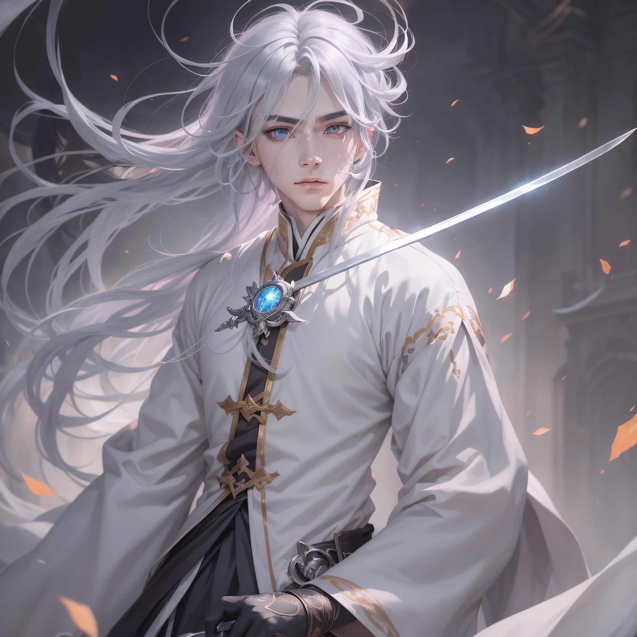 Silver hair, Gradient eyes,white clothes, surrealism, High detail, Anime, Cinematic lighting, move chart, in a panoramic view, hyper HD, Masterpiece, ccurate, High details, Best quality, 16k,Handsome,Hanfu,The protagonist,ember,Boy,Multiple flying swords around,sword,Anatomically correct