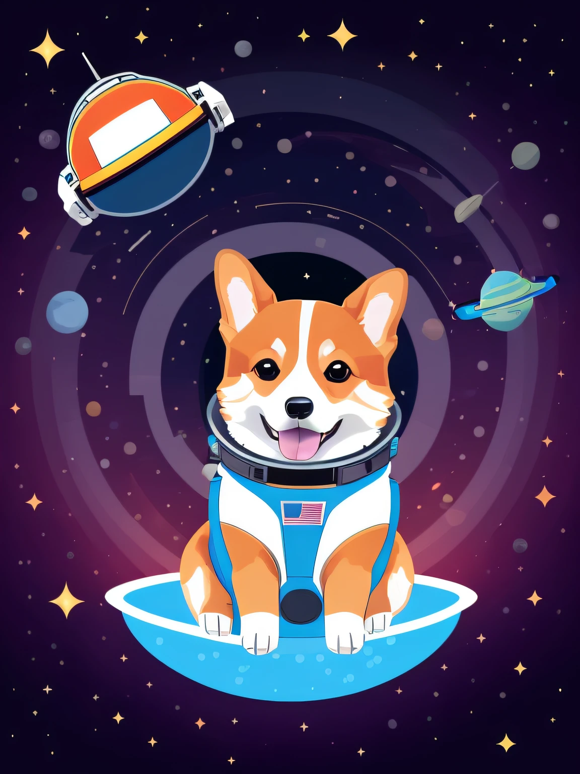 Vector-art of a (corgi wearing an astronaut suit: 1.3) in outer space. The corgi should have a cute and endearing expression, showing its excitement for the cosmic adventure. The astronaut suit can be adorned with space-themed patches (and a helmet: 1.1) with a reflective visor. Surround the corgi with floating stars, planets, and colorful nebulae over a black background to convey the vastness and beauty of outer space. Use bold and vibrant colors to make the illustration visually appealing and cheerful