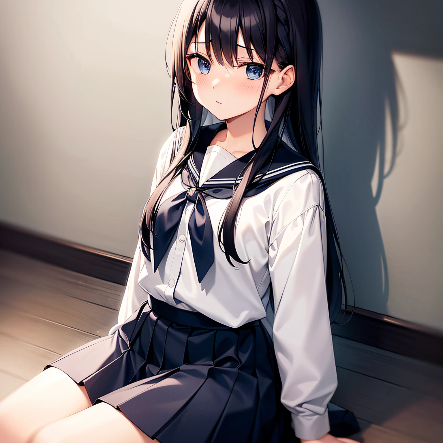 1 rapariga、black hair
Crooked knees
blue eyes
blush
braid
clothing
woman
long
neckerchief
Pleated skirt
Sailor Color
uniform
sailor suit
shirt
sit
skirt
alone
Tied hair
uniform
split
White Shirts