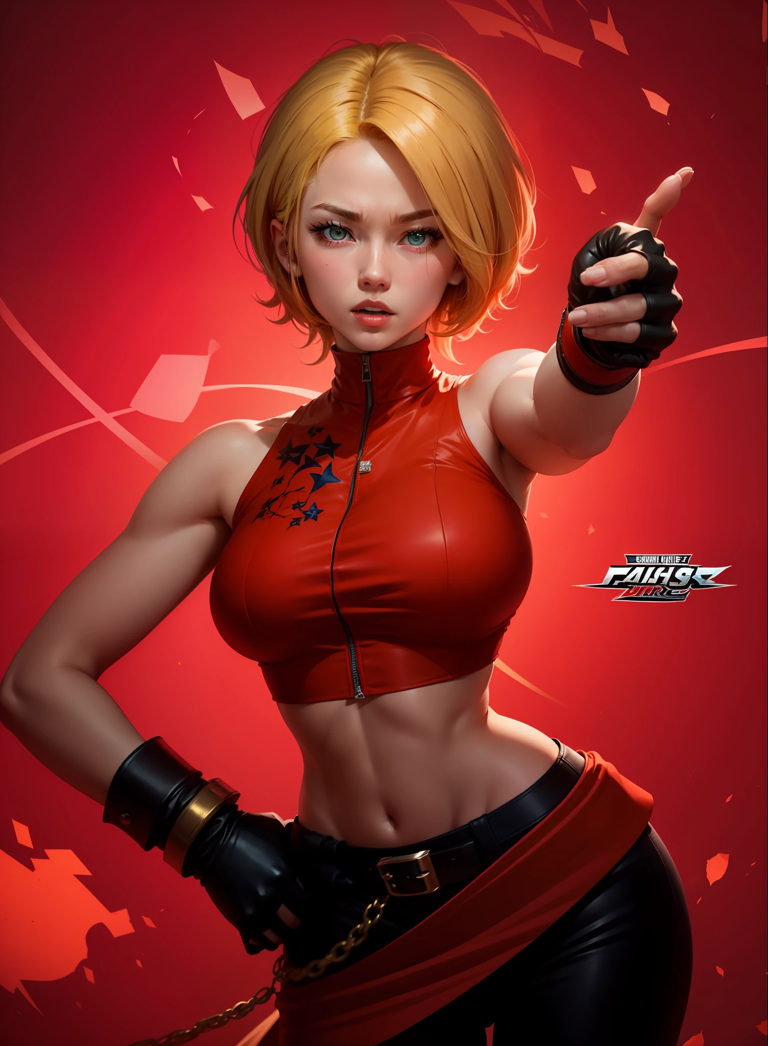 King of Fighters game,97 fights。Uma personagem feminina,Blu Marie。with short golden hair,Small red vest,Dark blue trousers,It is embroidered with a five-pointed star。Live action,3Drenderingof,。Superior image quality
