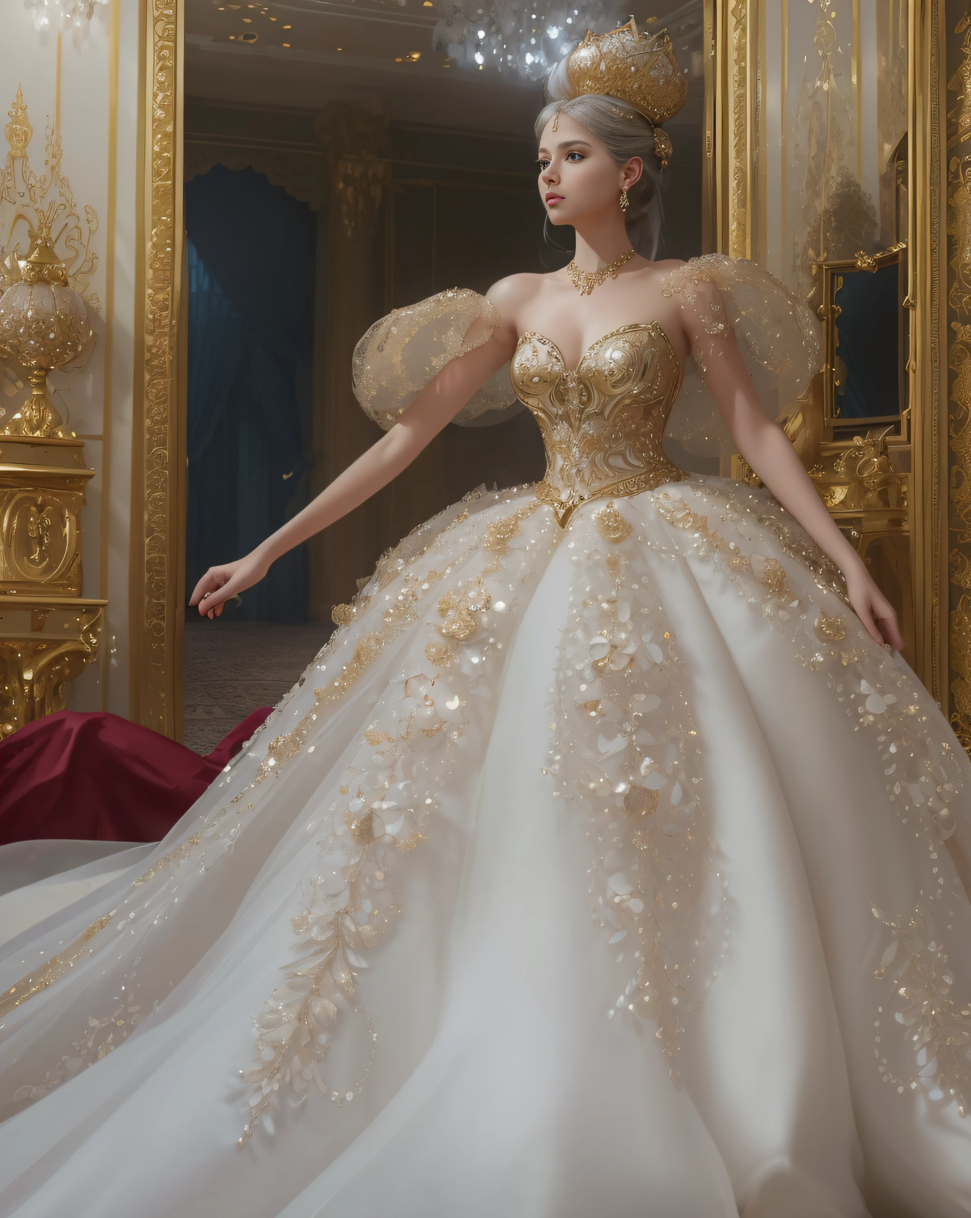 a hyper realistic photograph of a girl standing wearing a majestic light beige and gold ball gown dress, big beautiful dress, intricate puffy ball gown with lots of ruffles and rhinestones (Best quality, masterpiece, ArtStation, Fantasy Art:1.2), a palace room, a beautiful cute girl, (long white hair:1.1), (intricate short gold skirt, bare legs:1.2, full body shot)