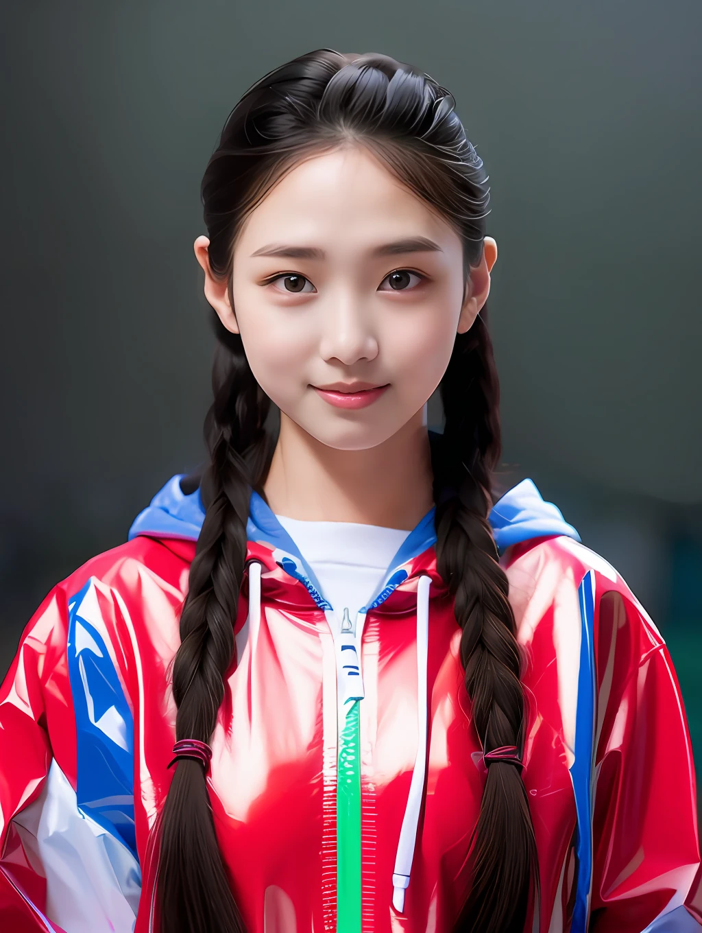 A 17-year-old Chinese female high school student,Wear a sweatshirt made of bright red and blue PVC