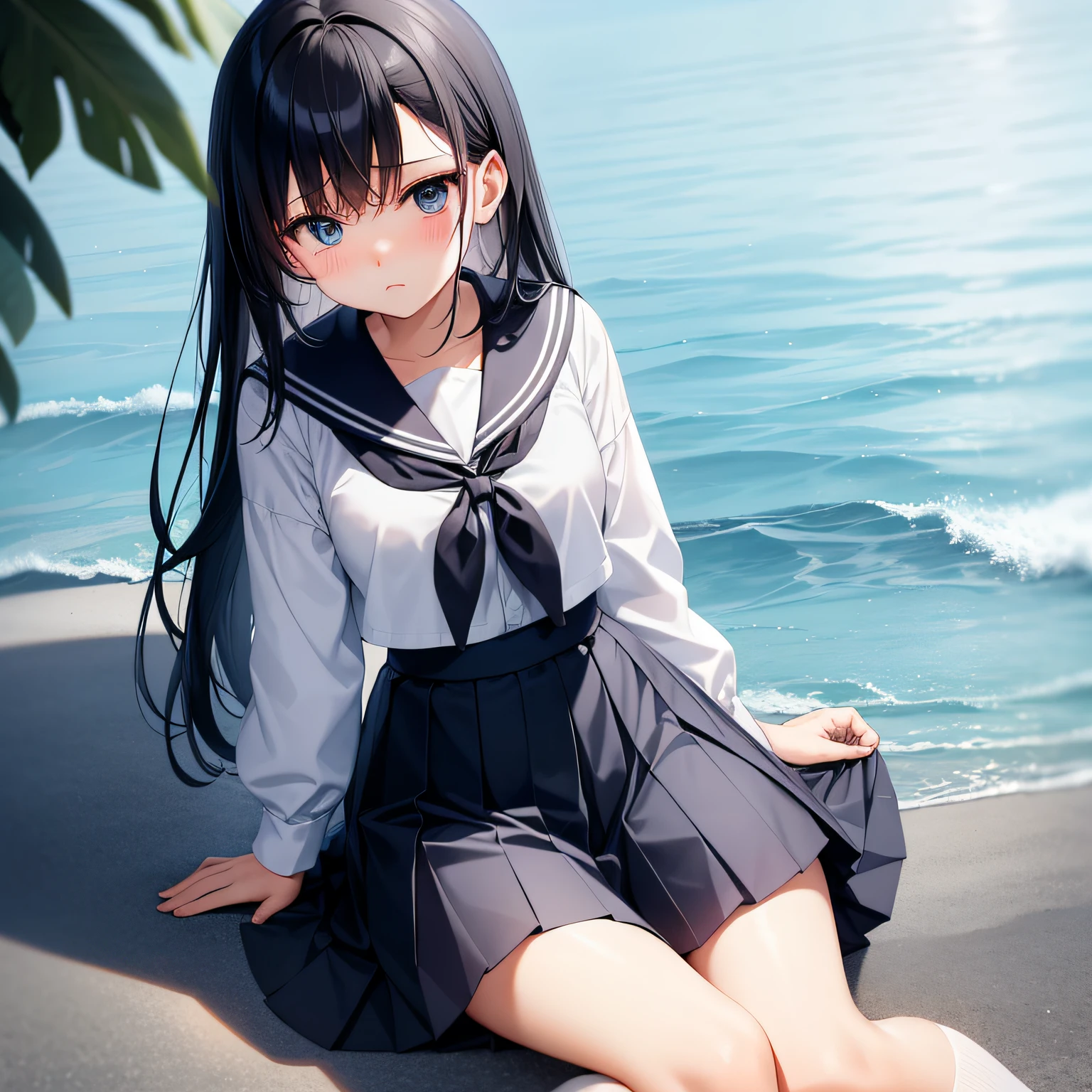 1 rapariga、black hair
Crooked knees
blue eyes
blush
braid
clothing
woman
long
neckerchief
Pleated skirt
Sailor Color
uniform
sailor suit
shirt
sit
skirt
alone
Tied hair
uniform
split
White Shirts