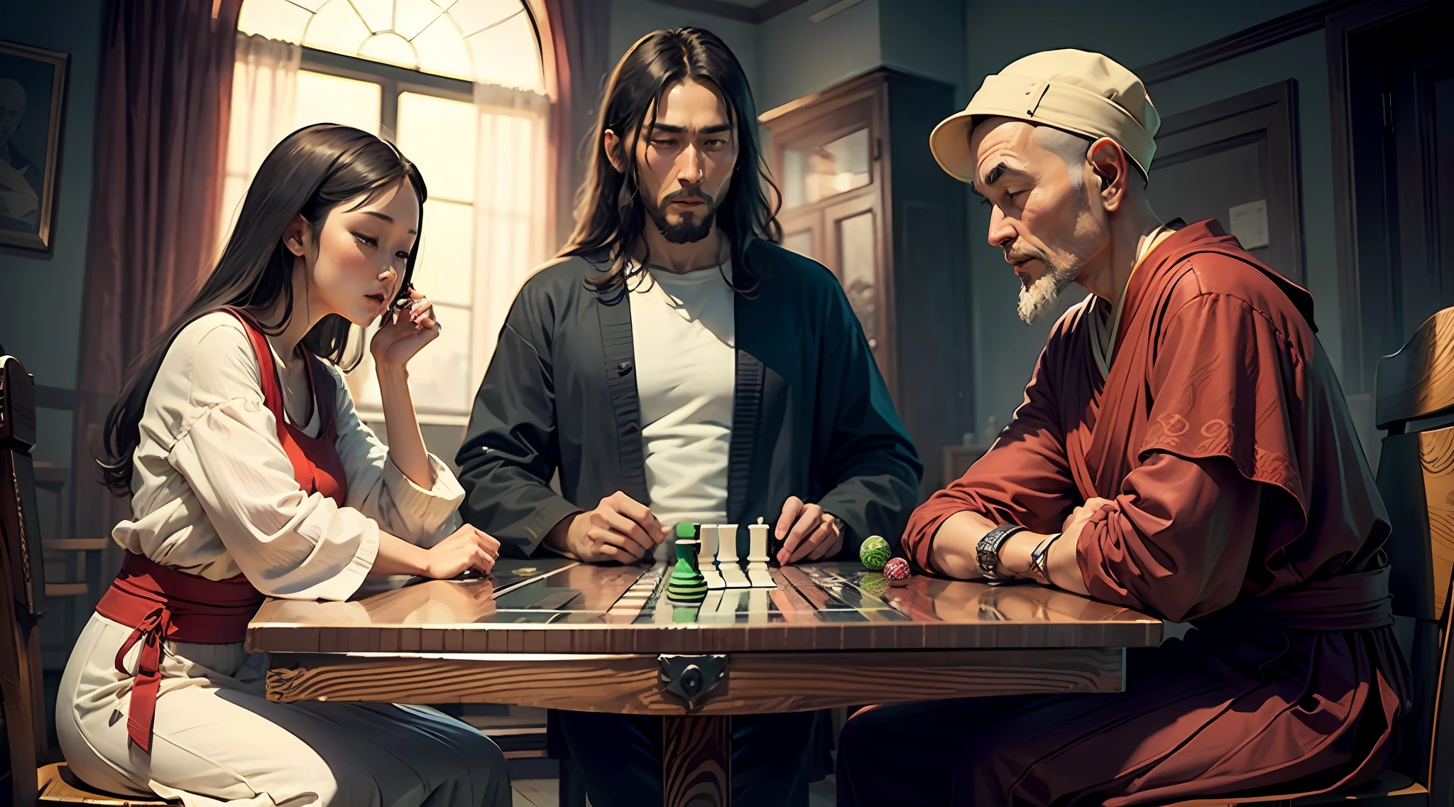 Jesus、a Buddhist Buddha、Cthulhu and Hao Tenjin play backgammon together