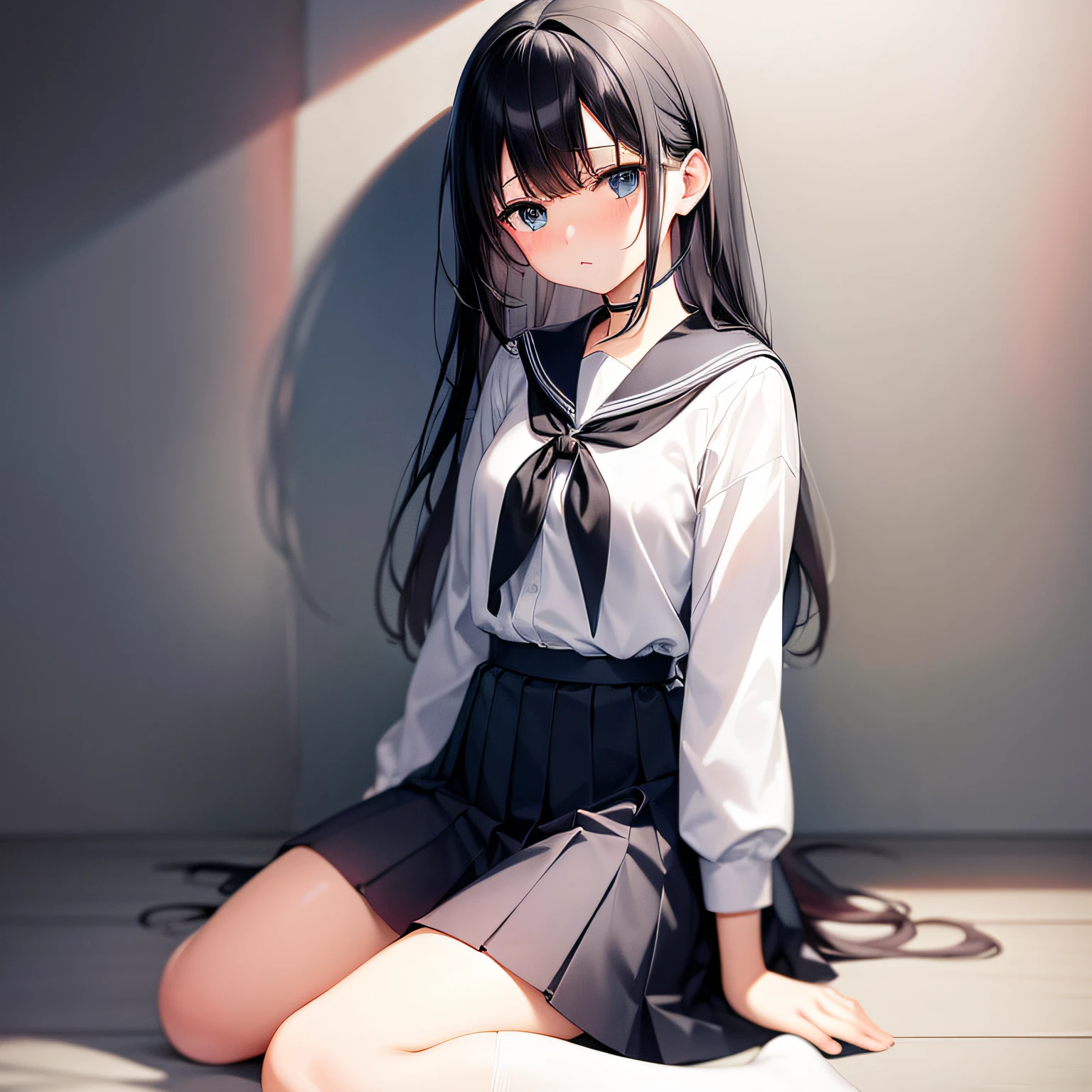 1 rapariga、black hair
Crooked knees
blue eyes
blush
braid
clothing
woman
long
neckerchief
Pleated skirt
Sailor Color
uniform
sailor suit
shirt
sit
skirt
alone
Tied hair
uniform
split
White Shirts