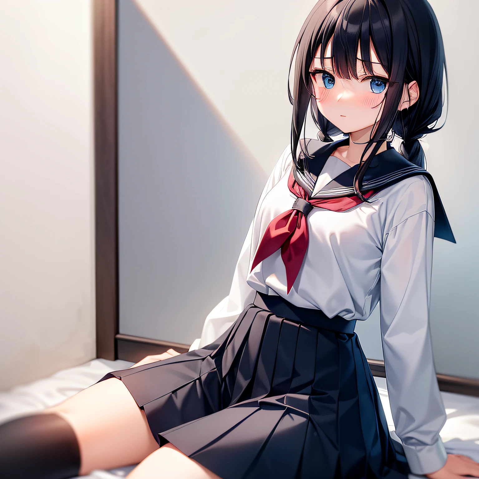 1 rapariga、black hair
Crooked knees
blue eyes
blush
braid
clothing
woman
long
neckerchief
Pleated skirt
Sailor Color
uniform
sailor suit
shirt
sit
skirt
alone
Tied hair
uniform
split
White Shirts