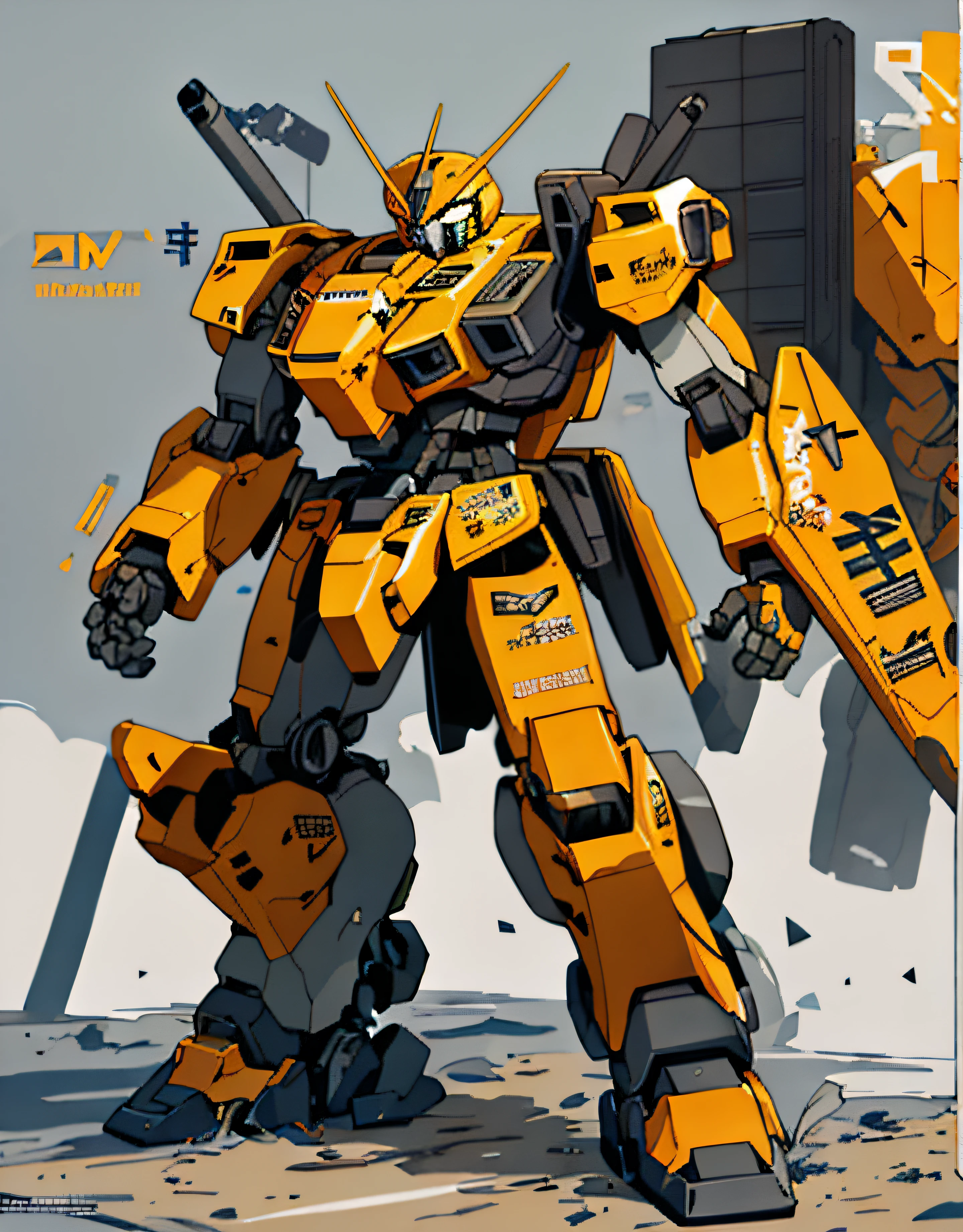 there is a robot that is standing in the dirt, Yellow mech, comic book style battlemech, greek god in mecha style, Mecha Inspiration, Full body mecha, Mech suit, painterly humanoid mecha, cool mecha style, tremendous mecha robot, Mecha suit, Mecha warrior, mecha human, battletech style, Mecha warrior,Jeep morphing mech,jeep,
