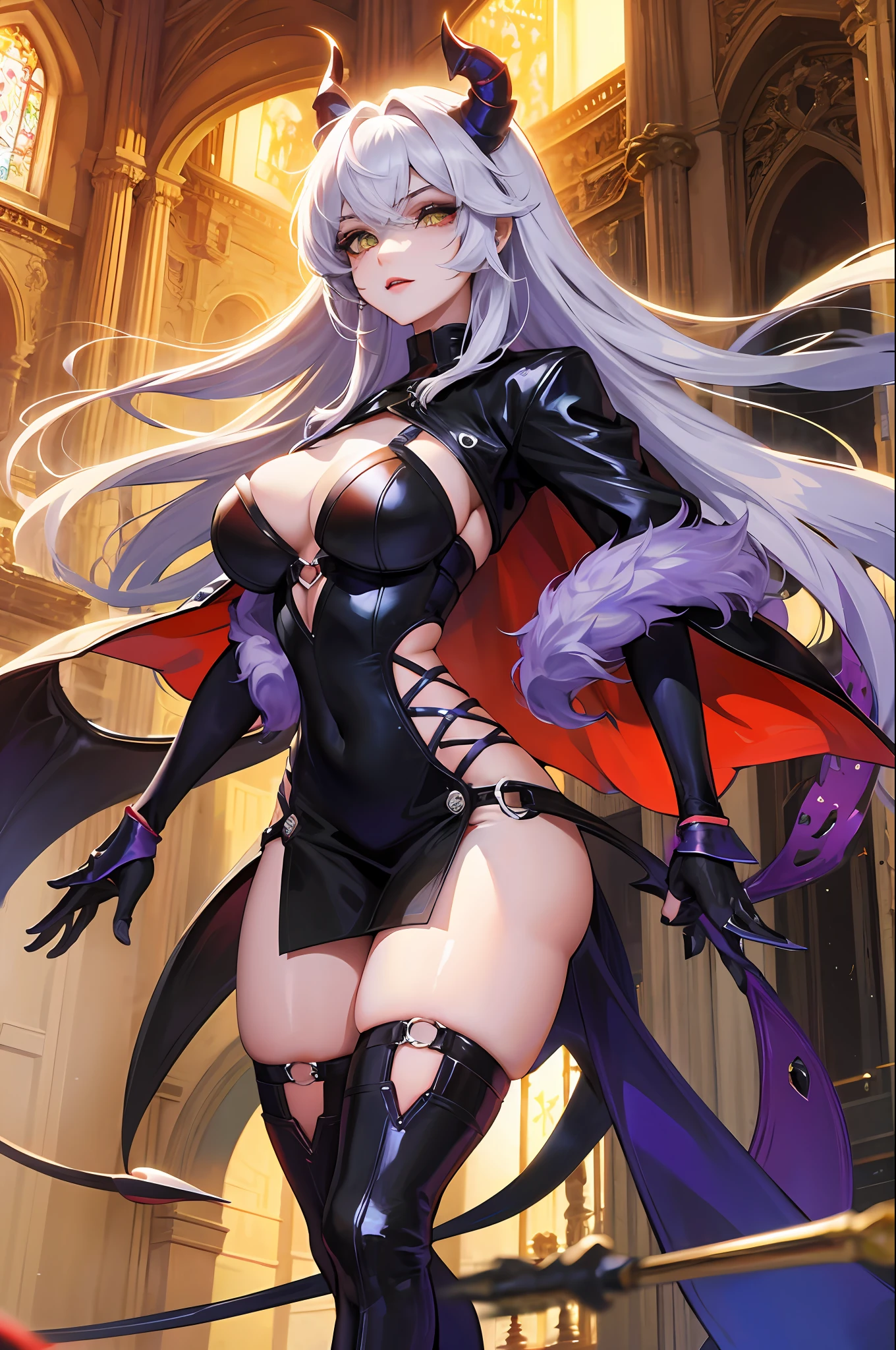 A female demon with a mature face and bulky body, com seios enormes e busto, cabelos prateados com mechas roxas e com eterocromia nos olhos, the left eye is purple and the right eye is white, vestido preto, catedral