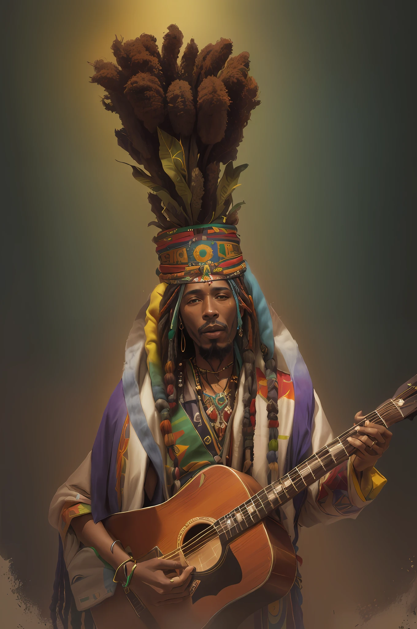 There's a man with a guitar and a hat, Rastafari, arte raggae, portrait of a digital shaman, lama com dreadlocks, Album art, album, inspirado em Ras Akyem, ayahuasca shaman, Reggae, the god of music, catope, bob marley, rastari, chapeu com fitas coloridas
