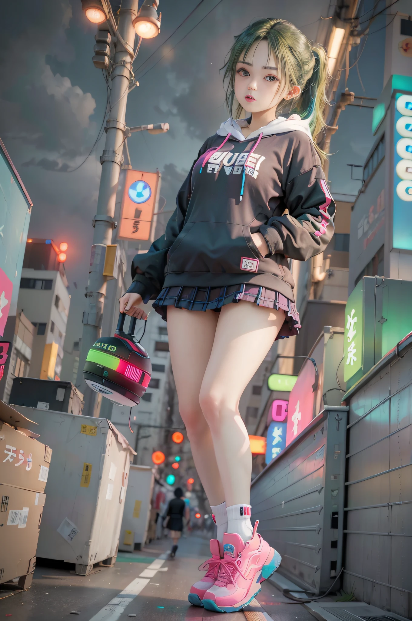 Extreme low angle, full body (8k, RAW photo, highest quality, masterpiece), High detail RAW color photo professional close-up photo, (realism, photo realism:1.4), (highest quality), (best shadow), (best illustration),surreal face, blue eyes, girl long neon green hair, wearing short hoodie head set, long Tartan plaid Skirt, tight high socks,  hiding a hoverboard, tokyo night, neon, neon pink, neon blue, neon lime green,