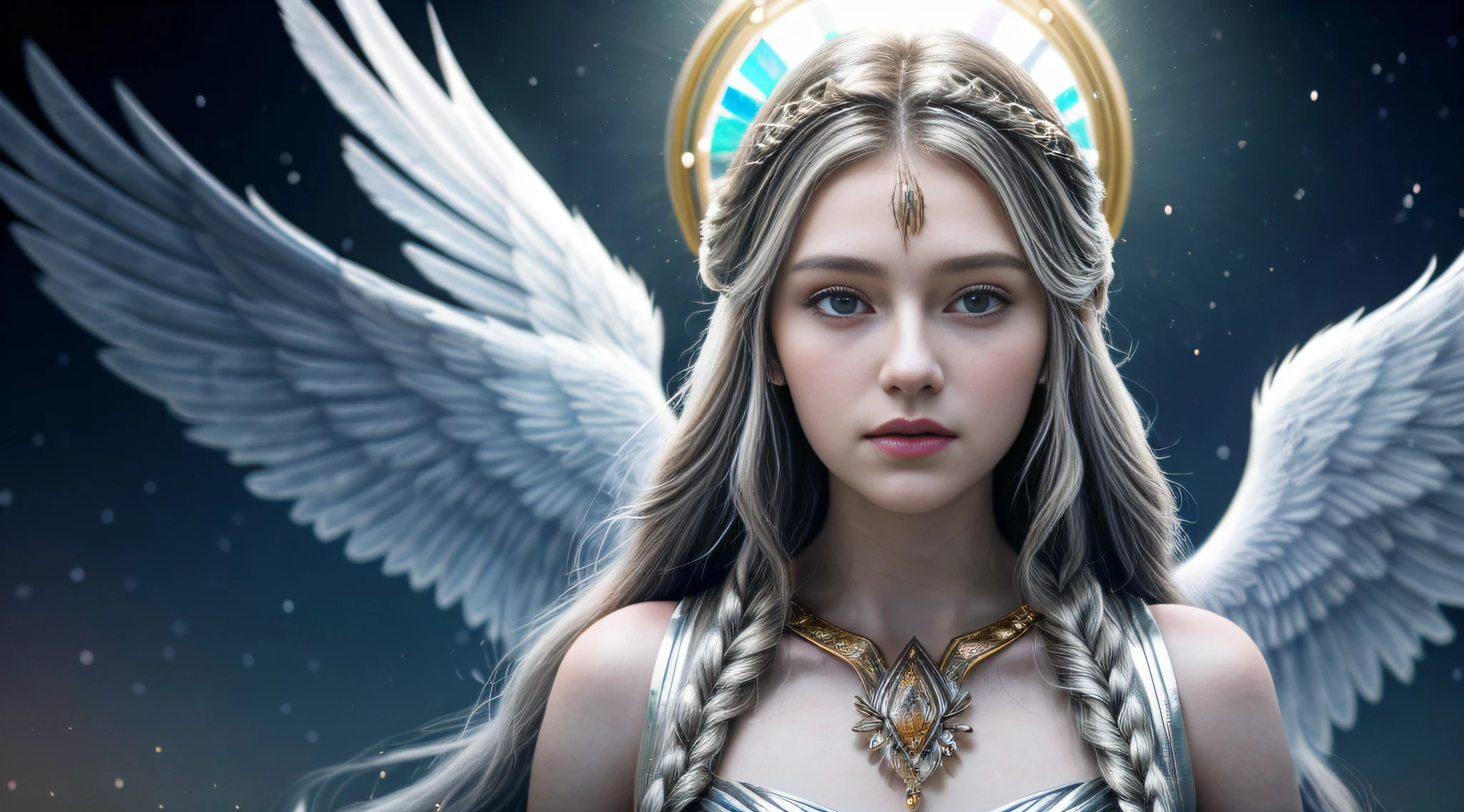 (masterpiece, best quality, photorealistic, highly detailed, octane render, unreal engine, 8k HD, hyper-detailed, realistic skin texture, best quality, ultra high res, raw photo, dramatic lighting, unreal engine, diffuse glow, dynamic pose), A female archangel with beautiful features would likely have striking, ethereal looks that would inspire awe and wonder in anyone who beheld her. She might have piercing blue or green eyes that seemed to glow with an inner light, framed by long lashes that brushed against her delicate cheekbones. Her skin might be porcelain pale, with a soft, rosy blush that highlighted her high cheekbones.

Her hair might be long and flowing, with strands of gold or silver that shimmered like starlight in the sun. It might be styled in intricate braids or loose waves that cascaded down her back, or perhaps pulled back into an elegant updo that showcased her graceful neck.

Her wings would be magnificent, with feathers as white as snow and shimmering with an otherworldly light. They might be large and imposing, giving her an aura of power and majesty, or perhaps delicate and intricate, reflecting her refined and elegant nature.

In short, a female archangel with beautiful features would be a vision of divine beauty, radiating grace, power, and wonder in all who beheld her