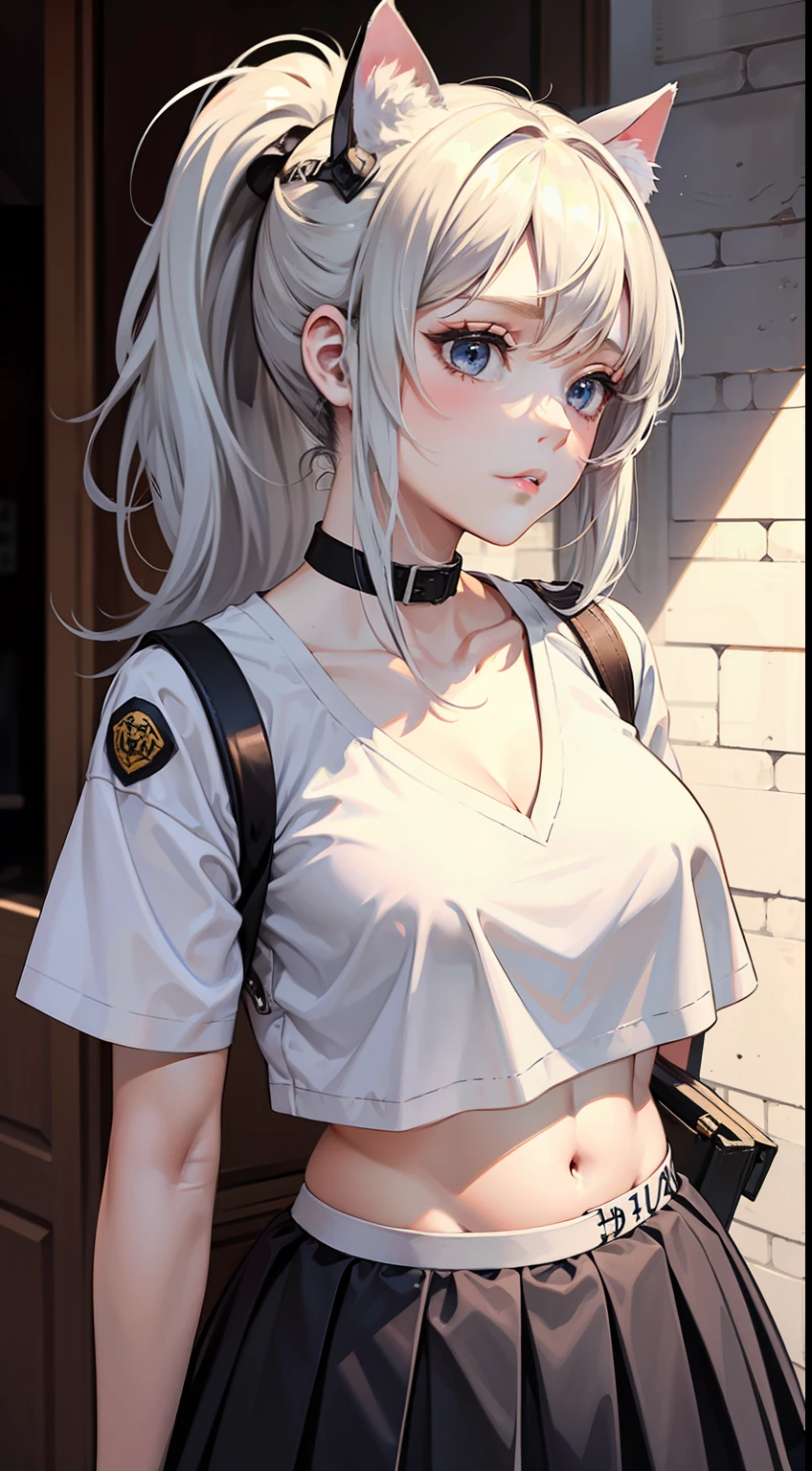 A girl, (adult female: 1.21), white short sleeves, with a white helmet, (collarbone: 1.1), (white vest: 1.11), (belly button), (white long hair: 1.1), ponytail, black eyes, Pleated skirts, skirts, busts, dove circles, carrier pigeons, cat helmets, Band-Aids, wounds, busts,