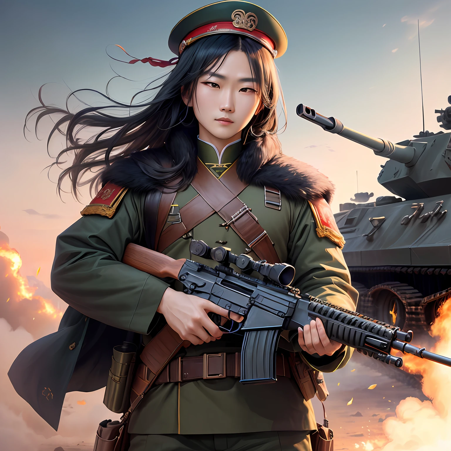 Zhuge Liang holds an AK47,Aim at the M1A2 main battle tank