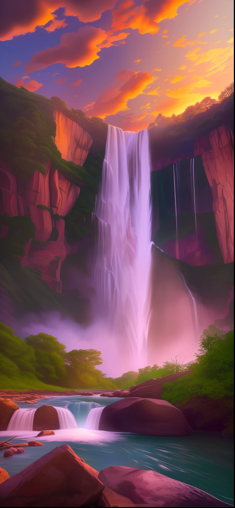 "A breathtaking sunset over a magnificent waterfall, with a vibrant and colorful sky, fluffy clouds, and a meticulously detailed background, creating a true masterpiece. The image is of the highest quality, with stunning 8k resolution and HDR rendering, showcasing rich and vivid colors. The scene is enhanced with beautiful bokeh effects and a mesmerizing lens flare."