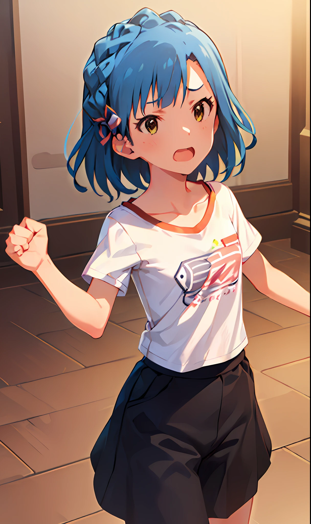 yuriko nanao (million live). Short stature. (((white t-shirts))).(((Skirt))).(((masterpiece))).(((best quality))).((Ultra-detailed))).(((illustratio))). (((fighting stance))).(((a room))).(((make a fist))).(((up chest))).Despair face.(((short-hair))).((Medium chest)).((Opening Mouth)).