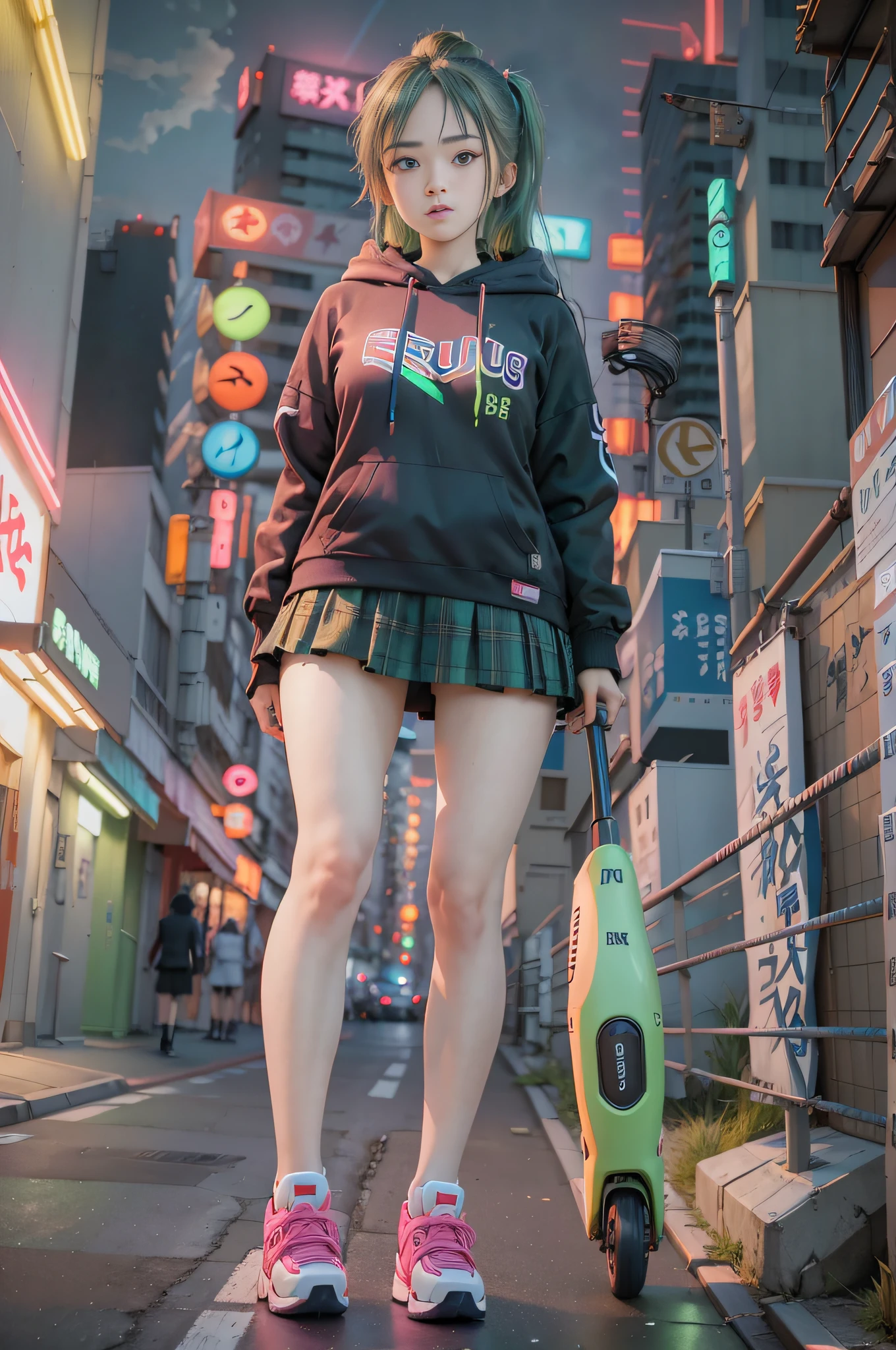 Extreme low angle, full body (8k, RAW photo, highest quality, masterpiece), High detail RAW color photo professional close-up photo, (realism, photo realism:1.4), (highest quality), (best shadow), (best illustration),surreal face, blue eyes, girl long neon green hair, wearing short hoodie head set, long Tartan plaid Skirt, tight high socks, hiding a hoverboard, tokyo night, neon, neon pink, neon blue, neon lime green,